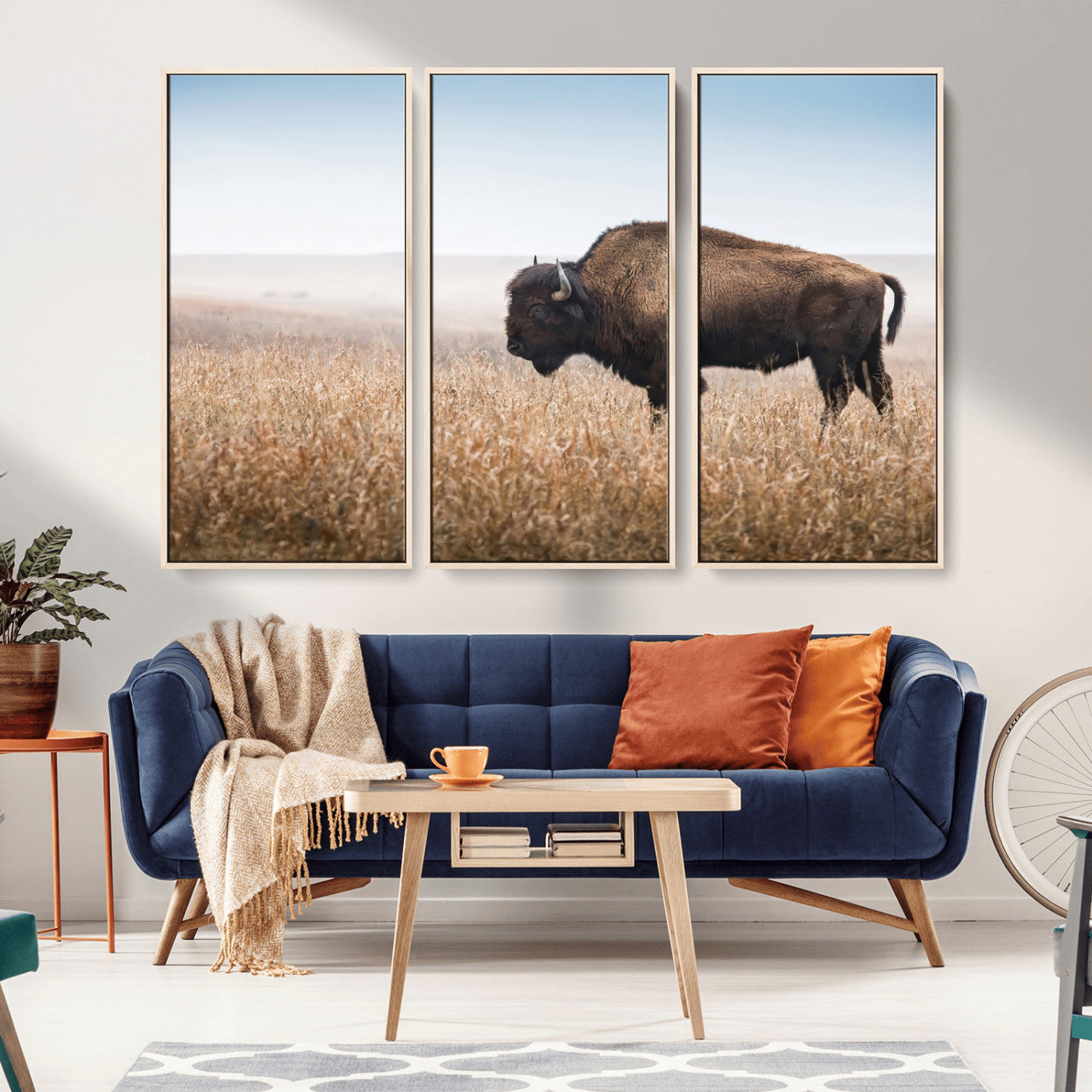 99620201-MGV-FC-48X32-3P_Natural-Wild Bison Wall Art Canvas Print, Framed Bison in Prairie Art Picture Print, Rustic Western Perfect Rustic Western Decor Artwork