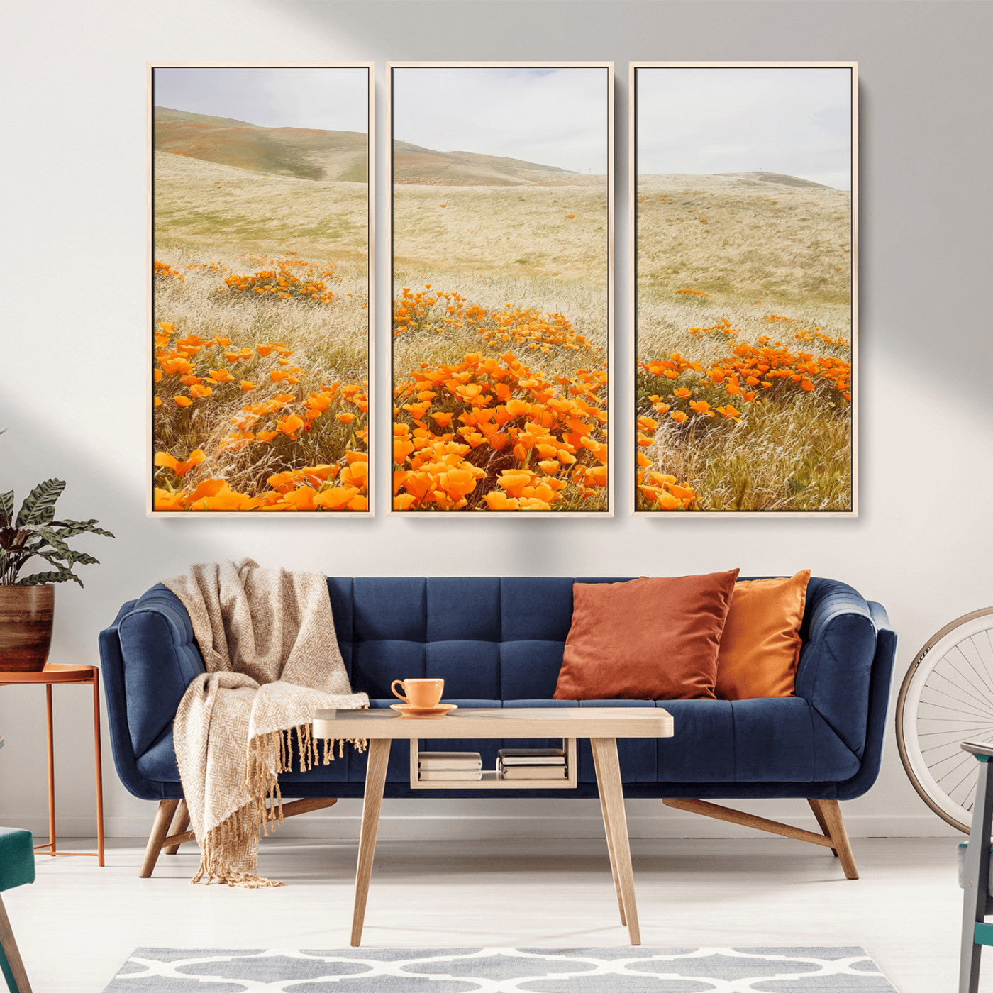 28972262-MGV-CV-36X24-Golden Wildflowers Wall Art Canvas Print, Framed Hills Bloom Art Picture Print, Poppy Meadow Perfect Rustic Nature Decor Artwork