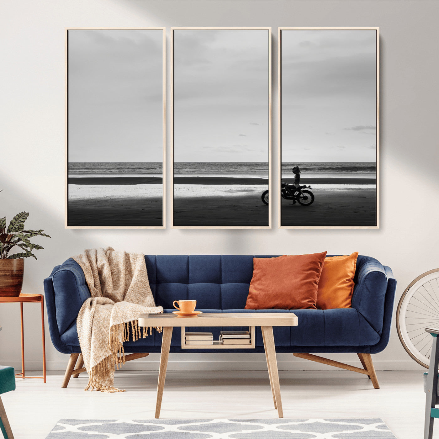 84739358-MGV-CV-36X24-Motorcycle Beach Wall Art Canvas Print, Framed Vintage Motorcycle Art Picture Print, Biker Silhouette Perfect Minimalist Adventure