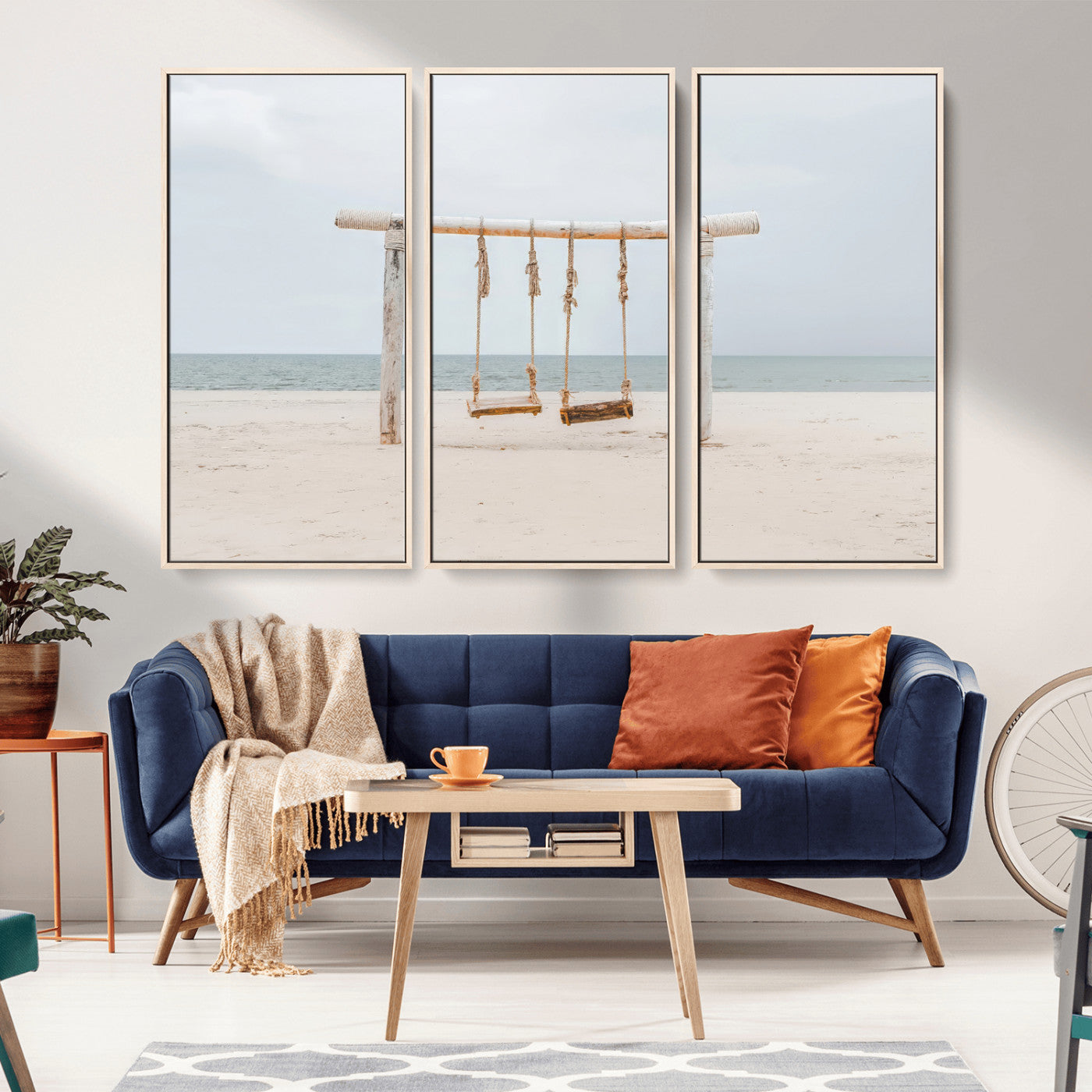 68327283-MGV-FC-48X32-3P_Natural-Beach Swing Wall Art Canvas Print, Framed Quiet Beach Art Picture Print, Calm Shoreline Perfect Bohemian Coastal Decor Artwork