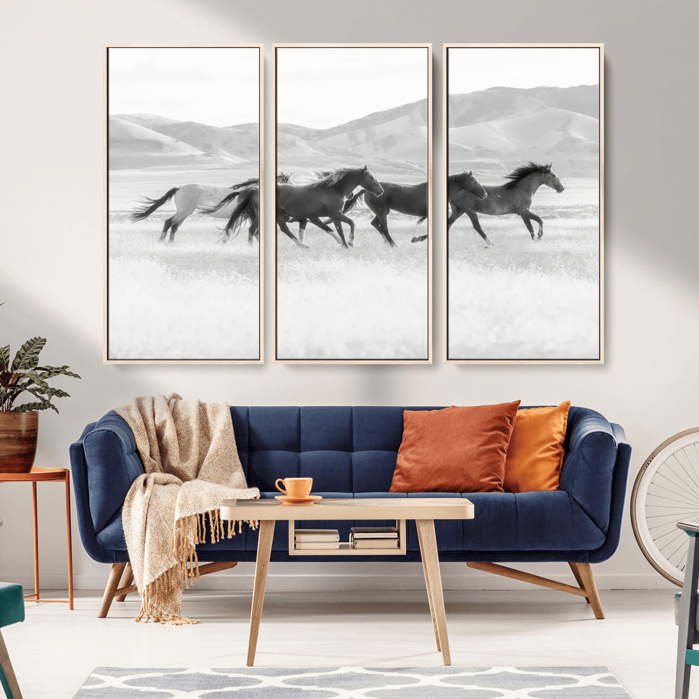 69934913-MGV-CV-36X24-Wild Horses Running Wall Art Canvas Print, Framed Black White Mustangs Art Picture Print, Rustic Western Perfect Rustic Western