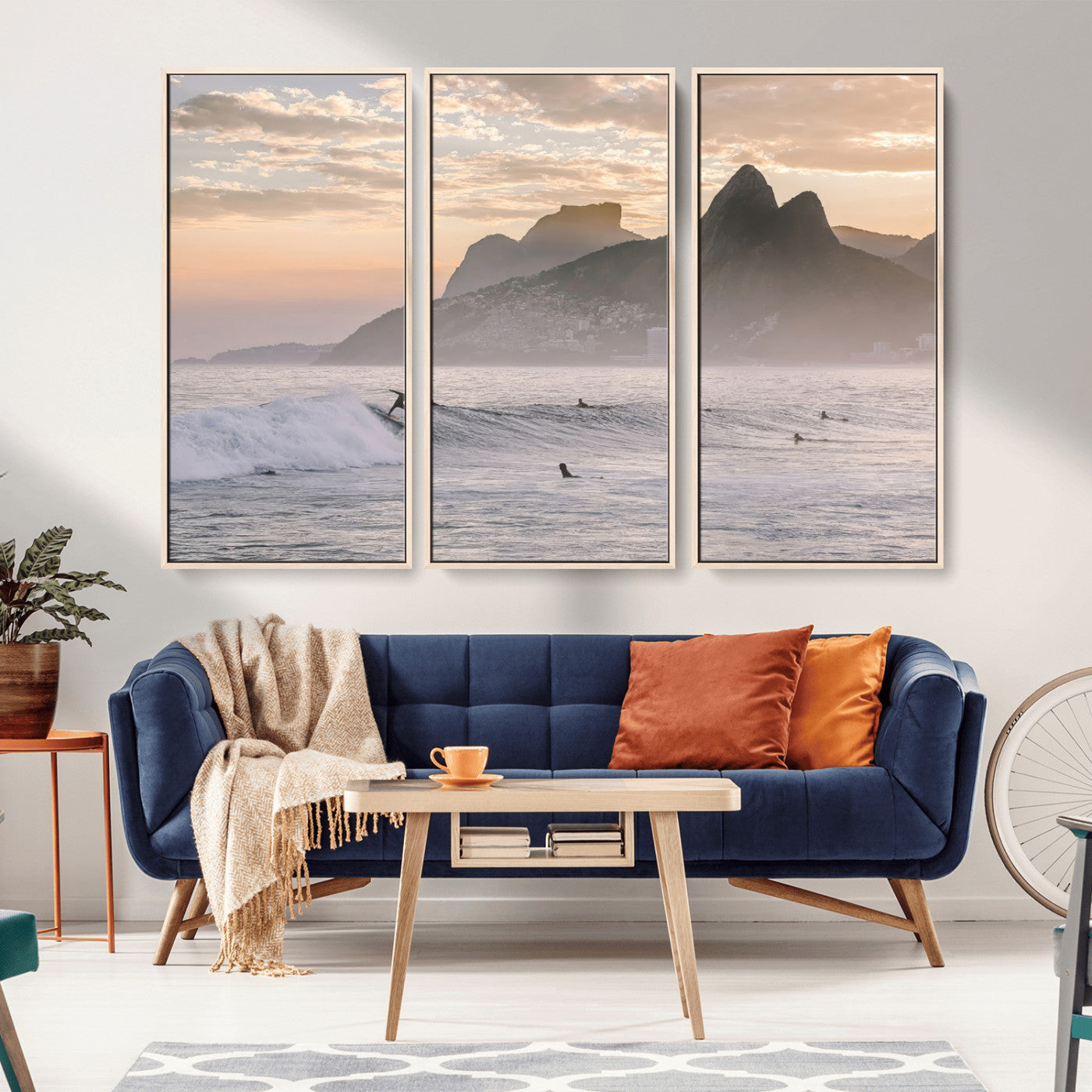 70644906-MGV-FC-48X32-3P_Natural-Sunset Surfing Wall Art Canvas Print, Framed Misty Mountains Art Picture Print, Surfer Riding Wave Perfect Coastal Adventure Decor
