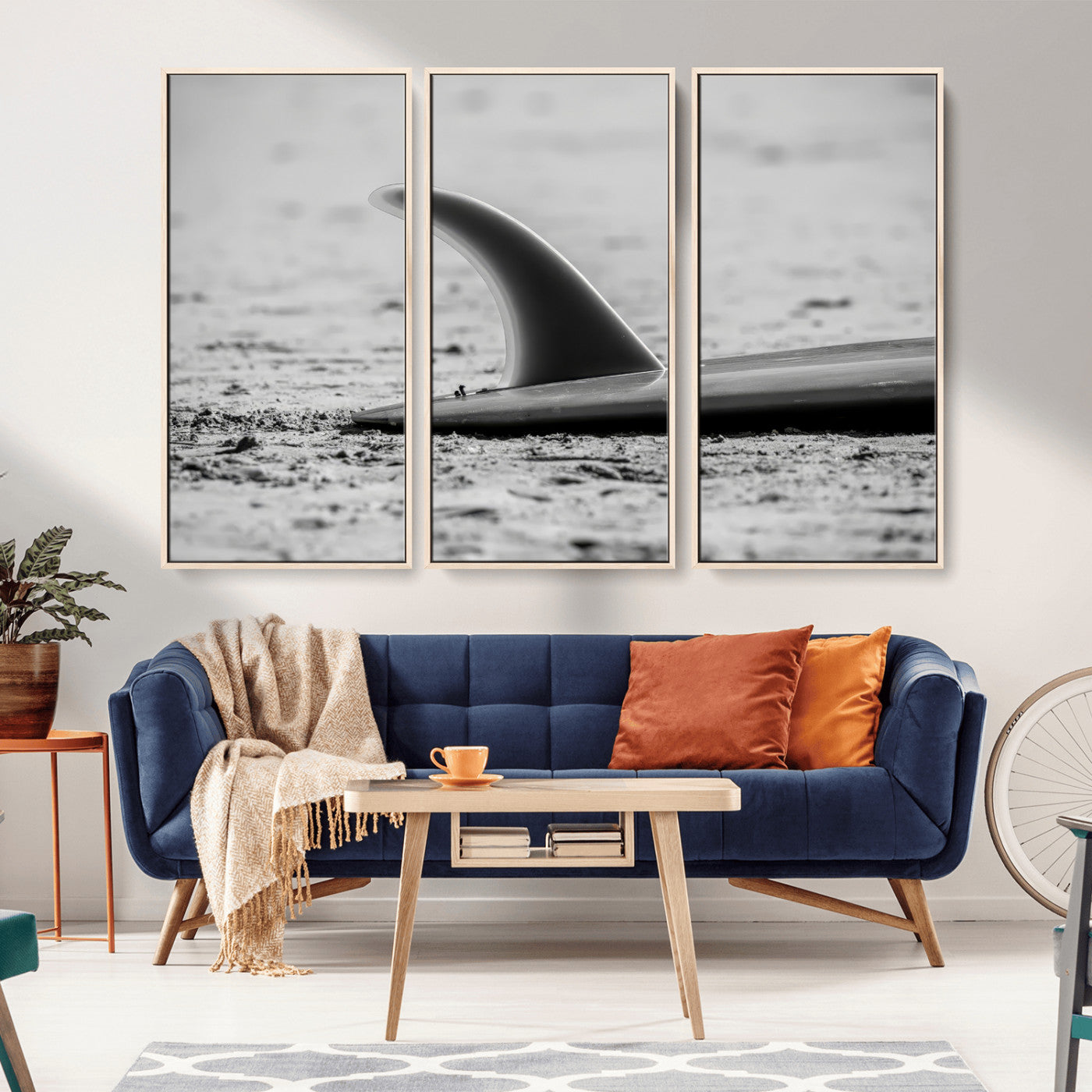 62314230-MGV-CV-36X24-Black White Surfboard Wall Art Canvas Print, Framed Minimalist Beach Art Picture Print, Surf Fin Perfect Minimalist Coastal Decor