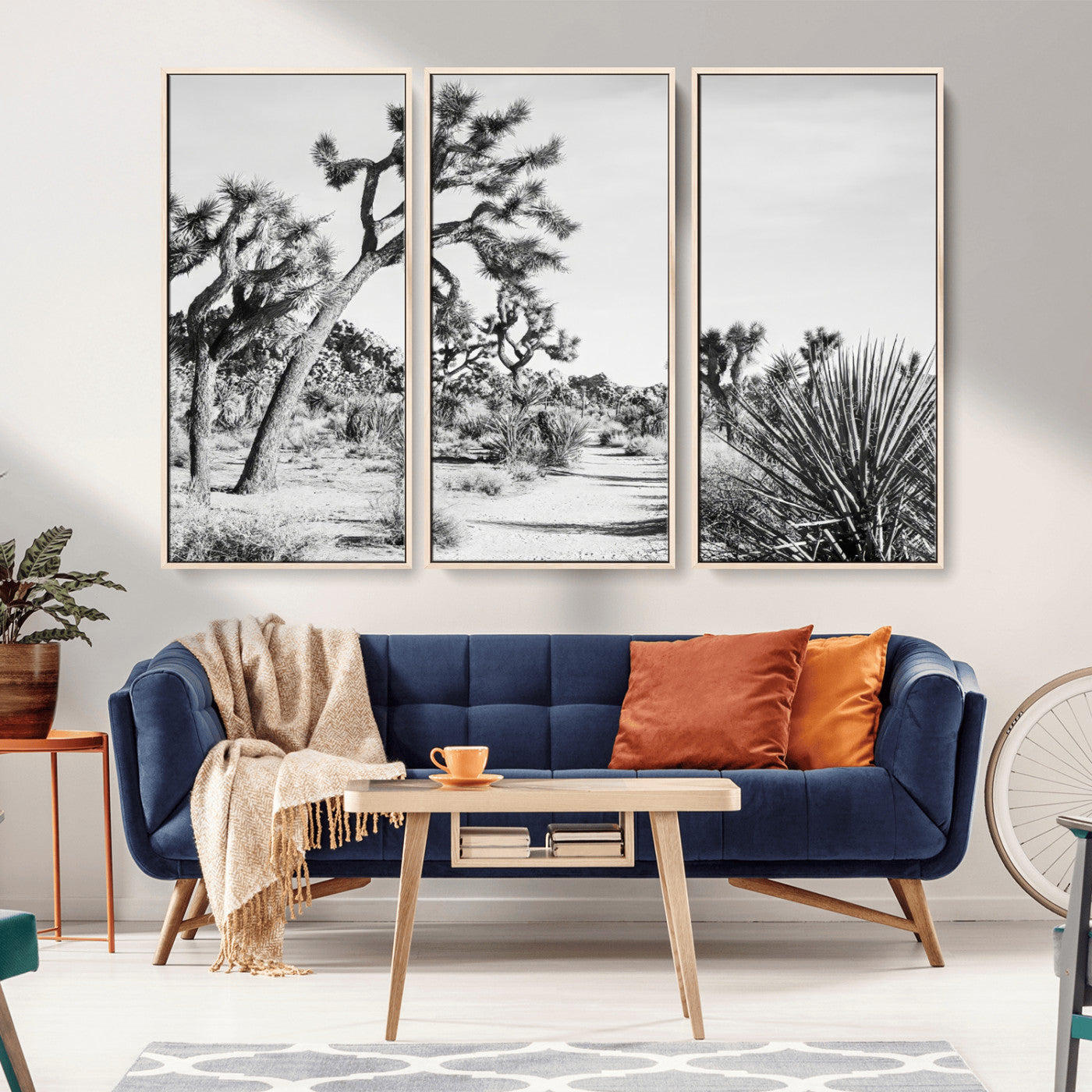 88164251-MGV-FC-48X32-3P_Natural-Joshua Tree Wall Art Canvas Print, Framed Desert Path Art Picture Print, Monochrome Desert Perfect Minimalist Desert Decor Artwork