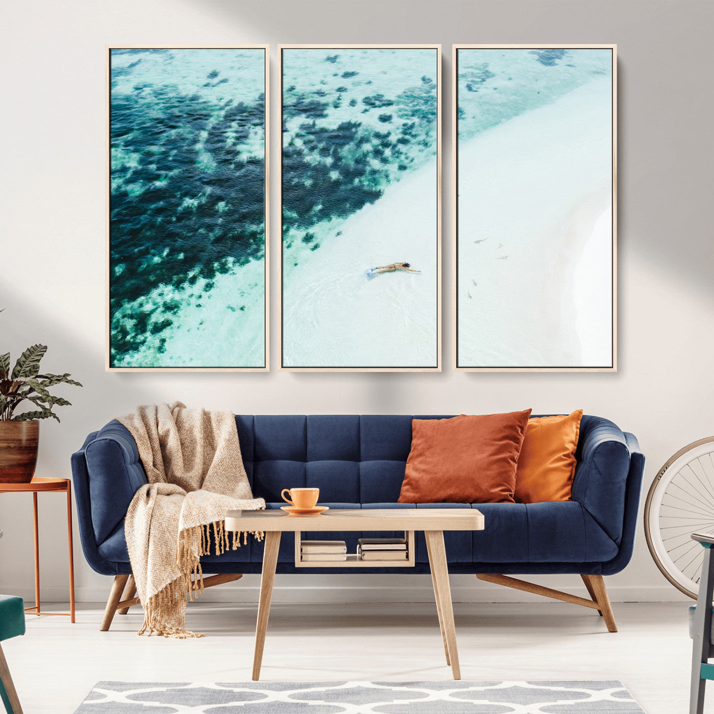 33764764-MGV-FC-48X32-3P_Natural-Minimal Beach Wall Art Canvas Print, Framed Ocean Swimming Art Picture Print, Clear Ocean Perfect Minimal Coastal Decor Artwork