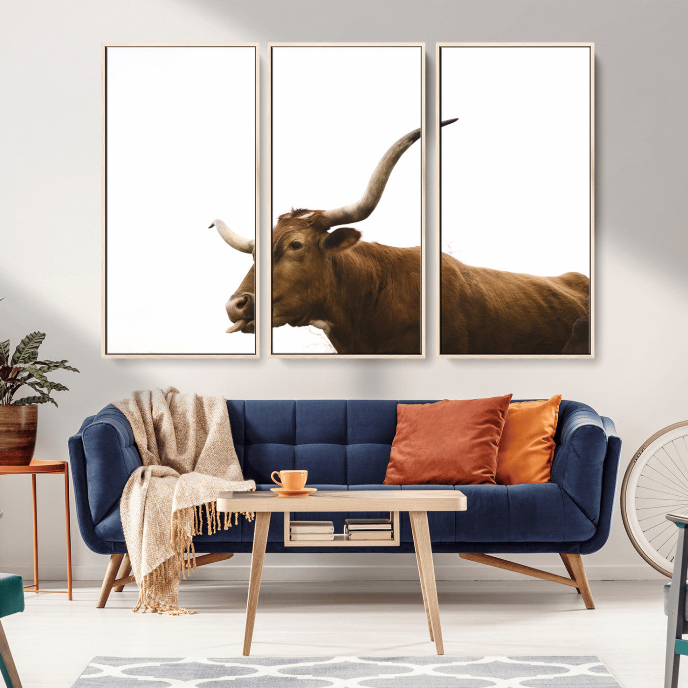 62566114-MGV-FC-48X32-3P_Natural-Longhorn Cow Art Wall Art Canvas Print, Framed Rustic Animal Decor Art Picture Print, Texas Bull Photo Perfect Rustic Farmhouse