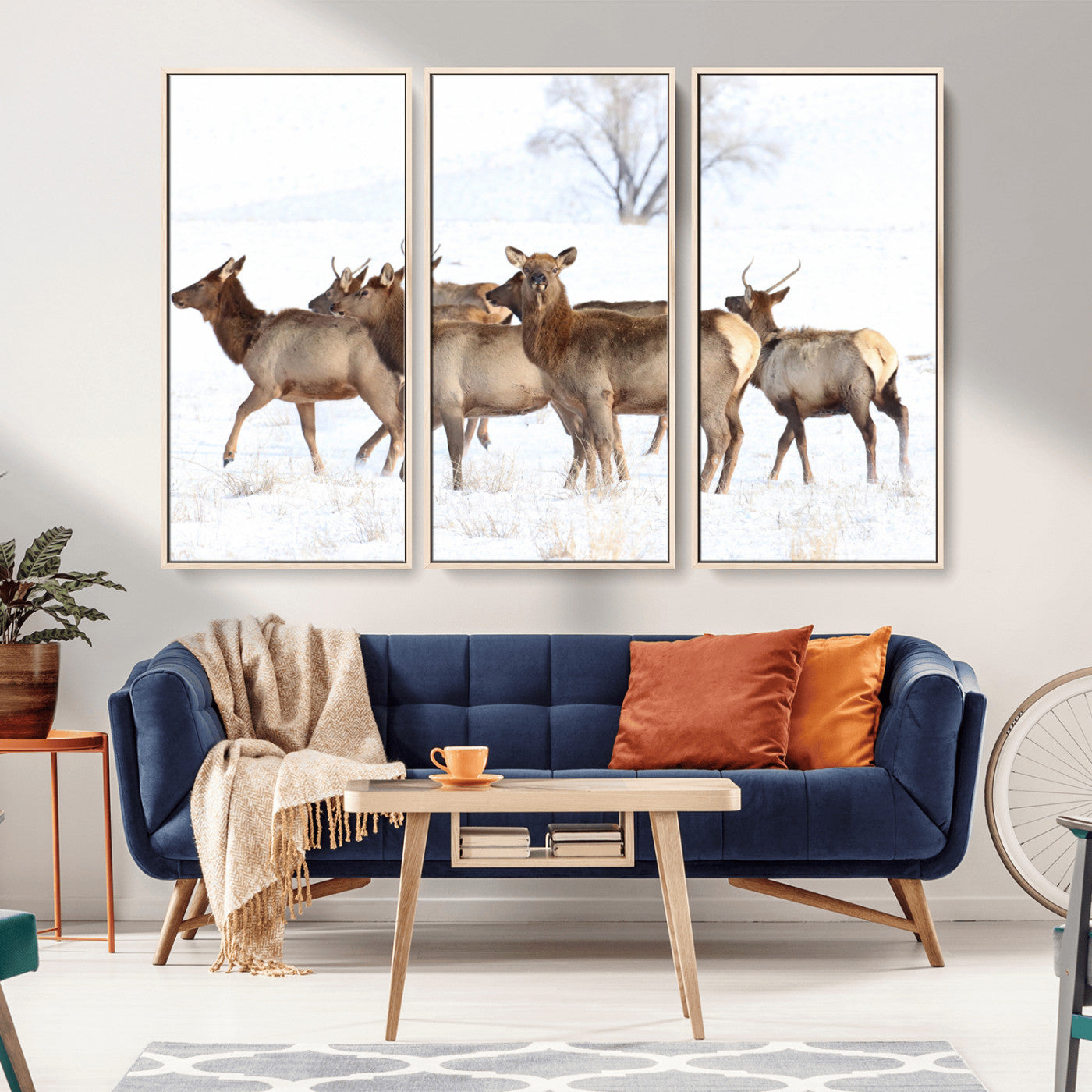68738684-MGV-FC-48X32-3P_Natural-Winter Elk Scene Wall Art Canvas Print, Framed Wildlife Photography Art Picture Print, Snowy Deer Decor Perfect Rustic Lodge Decor