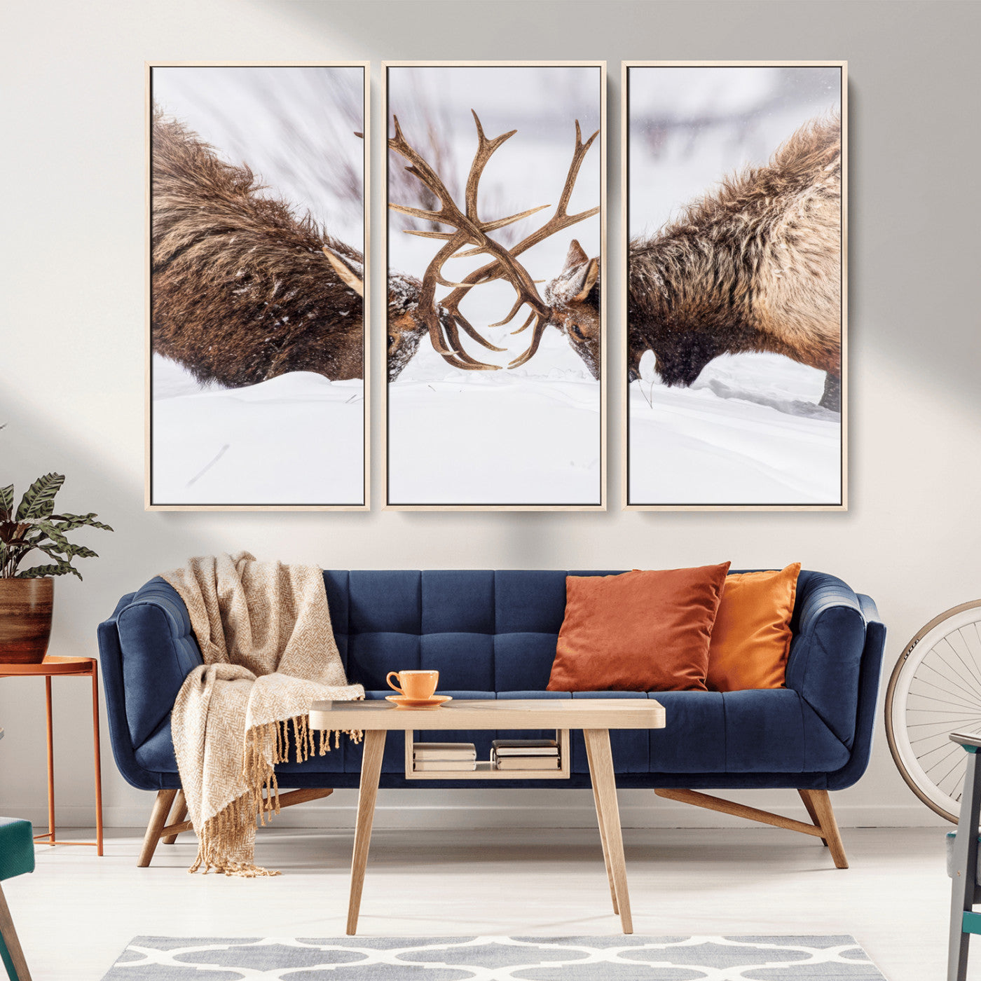 36507609-MGV-FC-48X32-3P_Natural-Elk Clash Scene Wall Art Canvas Print, Framed Wildlife Strength Decor Art Picture Print, Snowy Forest Elk Perfect Rustic Lodge
