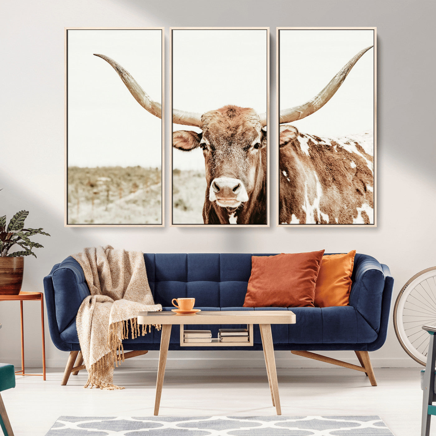 98924580-MGV-CV-36X24-Texas Longhorn Bull Wall Art Canvas Print, Framed Rustic Farmhouse Decor Art Picture Print, Western Animal Theme Perfect Rustic