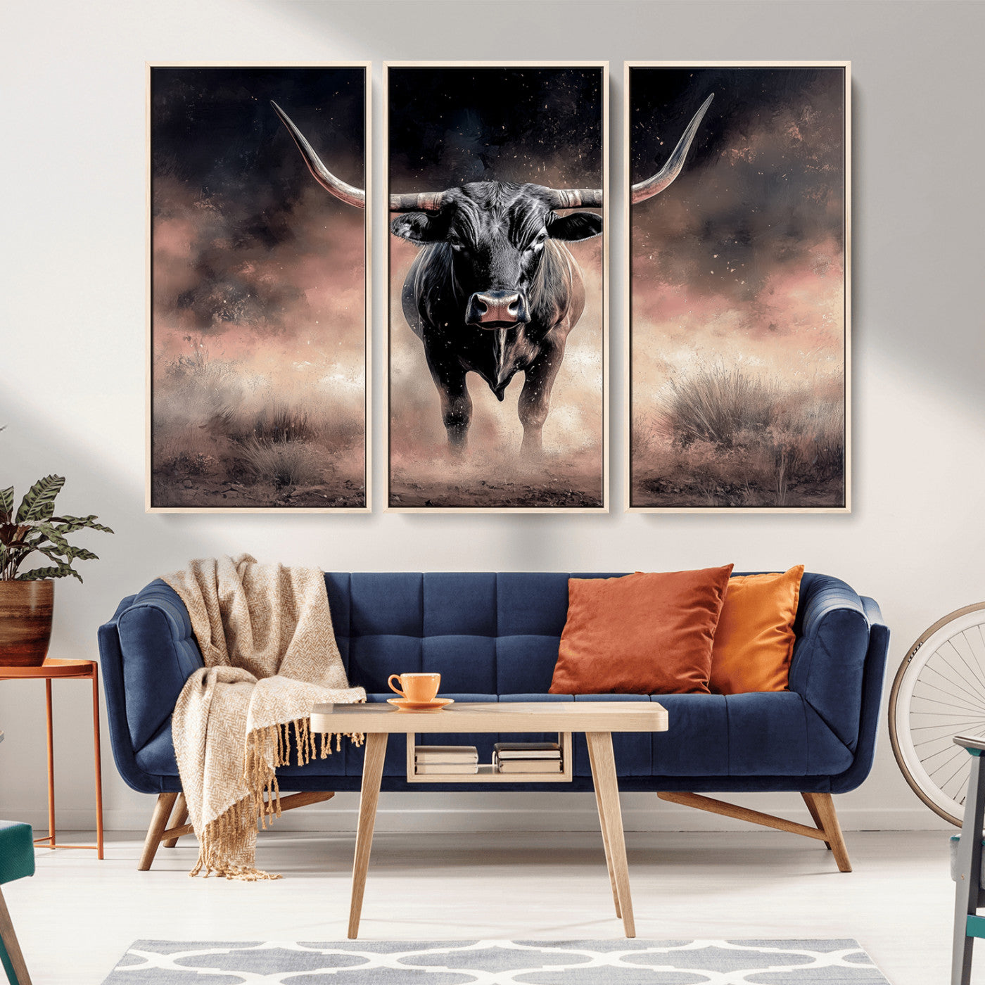 71457818-MGV-CV-36X24-Longhorn Wall Art Wall Art Canvas Print, Framed Western Bull Canvas Art Picture Print, Rustic Cow Decor Perfect Western Dramatic