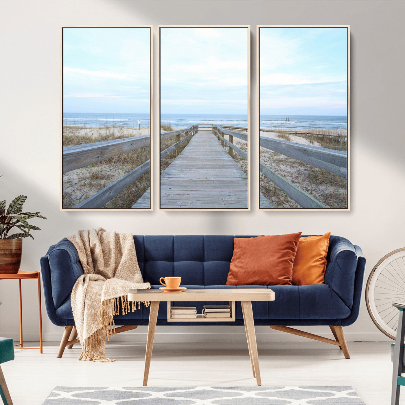 31602988-MGV-CV-36X24-Beach Boardwalk Wall Art Canvas Print, Framed Coastal Serenity Art Picture Print, Ocean View Perfect Coastal Minimalist Decor