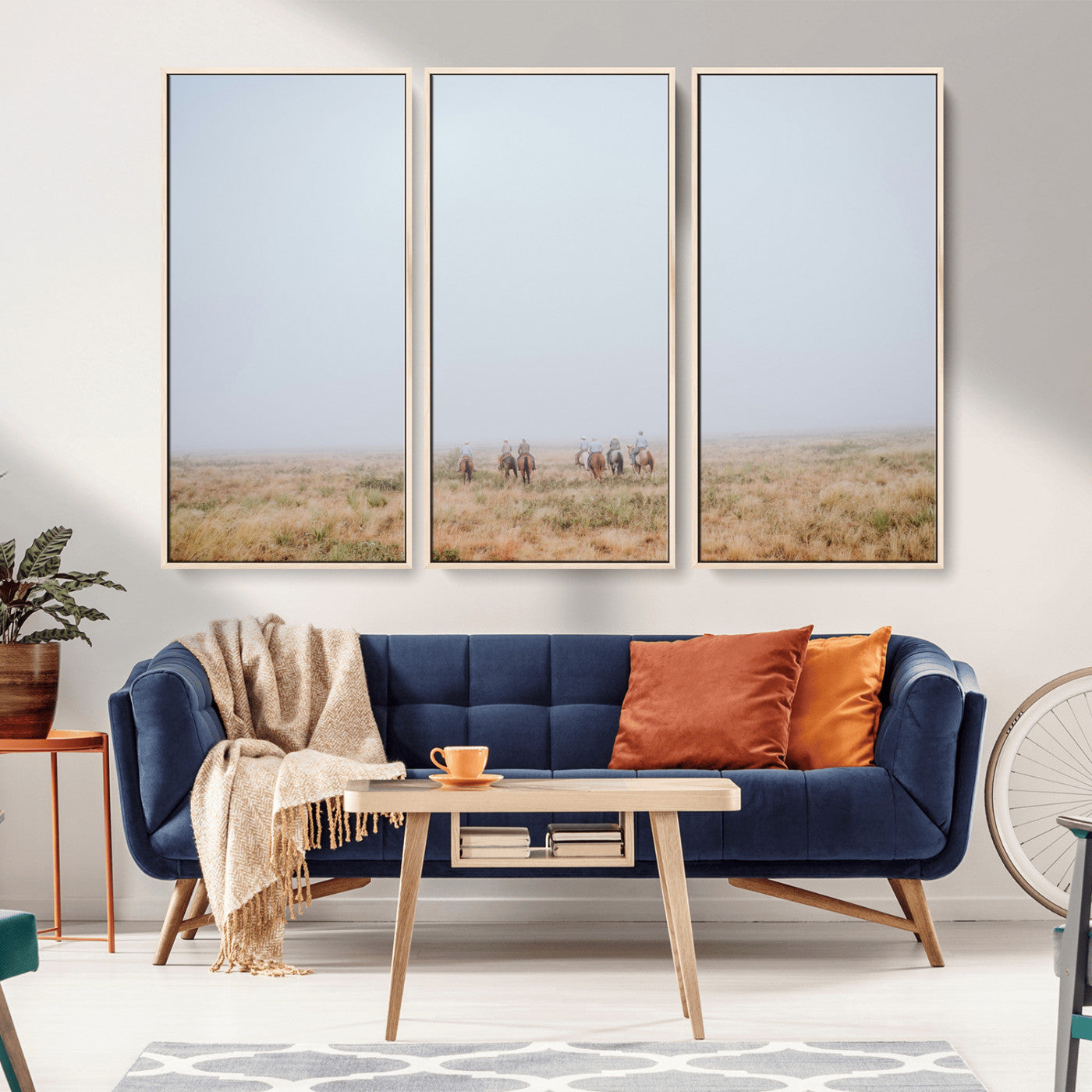 14761944-MGV-CV-36X24-Foggy Plains Wall Art Canvas Print, Framed Horseback Riders Art Picture Print, Rustic Western Perfect Rustic Western Decor Artwork