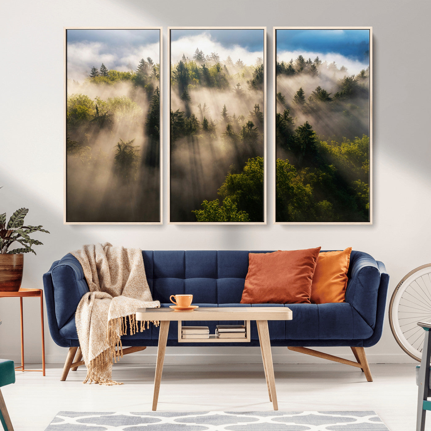 14785710-MGV-CV-36X24-Tranquil Forest Scene Wall Art Canvas Print, Framed Sunbeam Through Trees Art Picture Print, Moody Green Wall Art Perfect