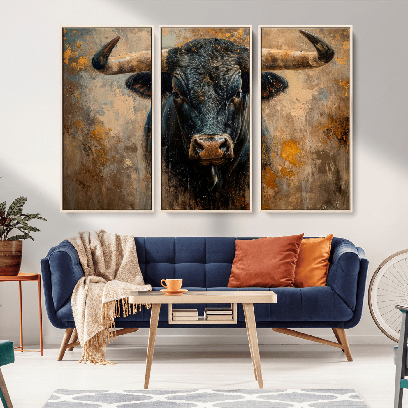 91615410-MGV-CV-36X24-Bull Wall Art – Rustic Western Longhorn Canvas Print, Powerful Abstract Animal Painting, Farmhouse Ranch Decor for Living Room,