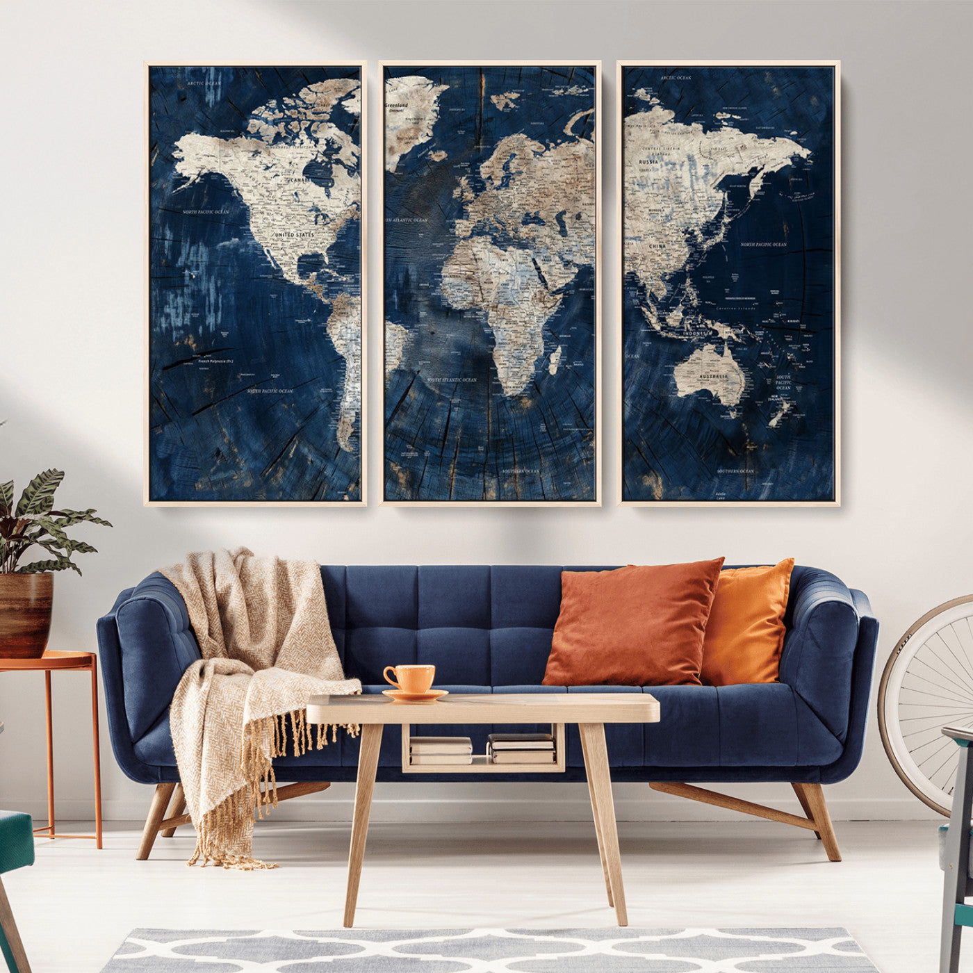 83103453-MGV-CV-36X24-Rustic Blue World Map Wall Art – Vintage Style Travel Decor – Large Canvas Map with Wood Texture Background for Office, Study, or