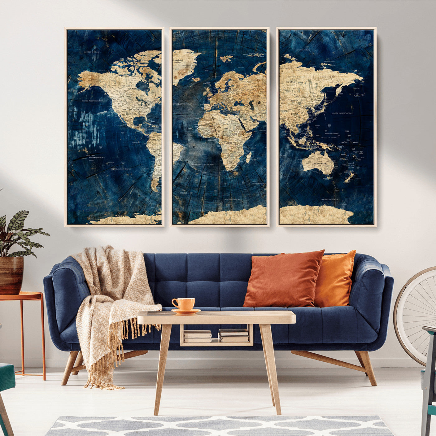 73616895-MGV-CV-36X24-Navy Blue and Gold World Map Wall Art – Rustic Explorer Atlas Distressed Canvas – Vintage Inspired Statement Decor for Home or