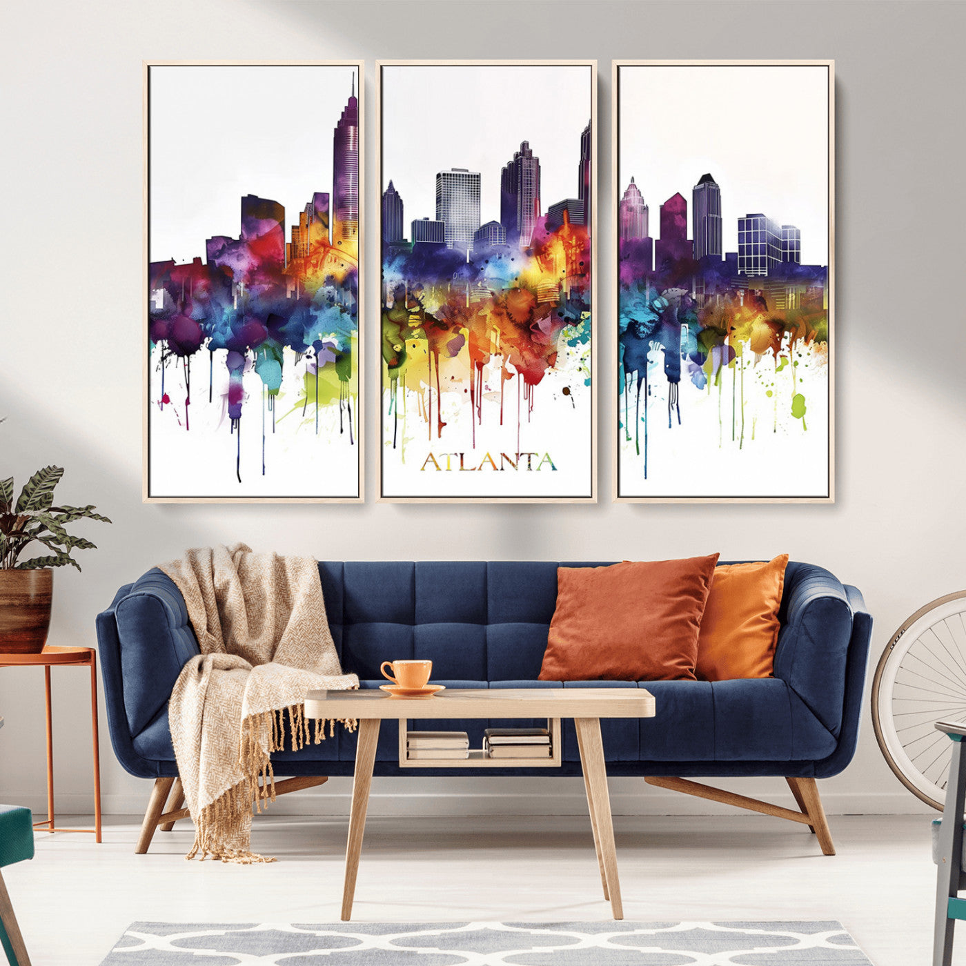 36048320-MGV-CV-36X24-Atlanta Skyline Wall Art – Colorful Watercolor Cityscape Canvas Print with Text, Modern Abstract Urban Decor for Apartment or