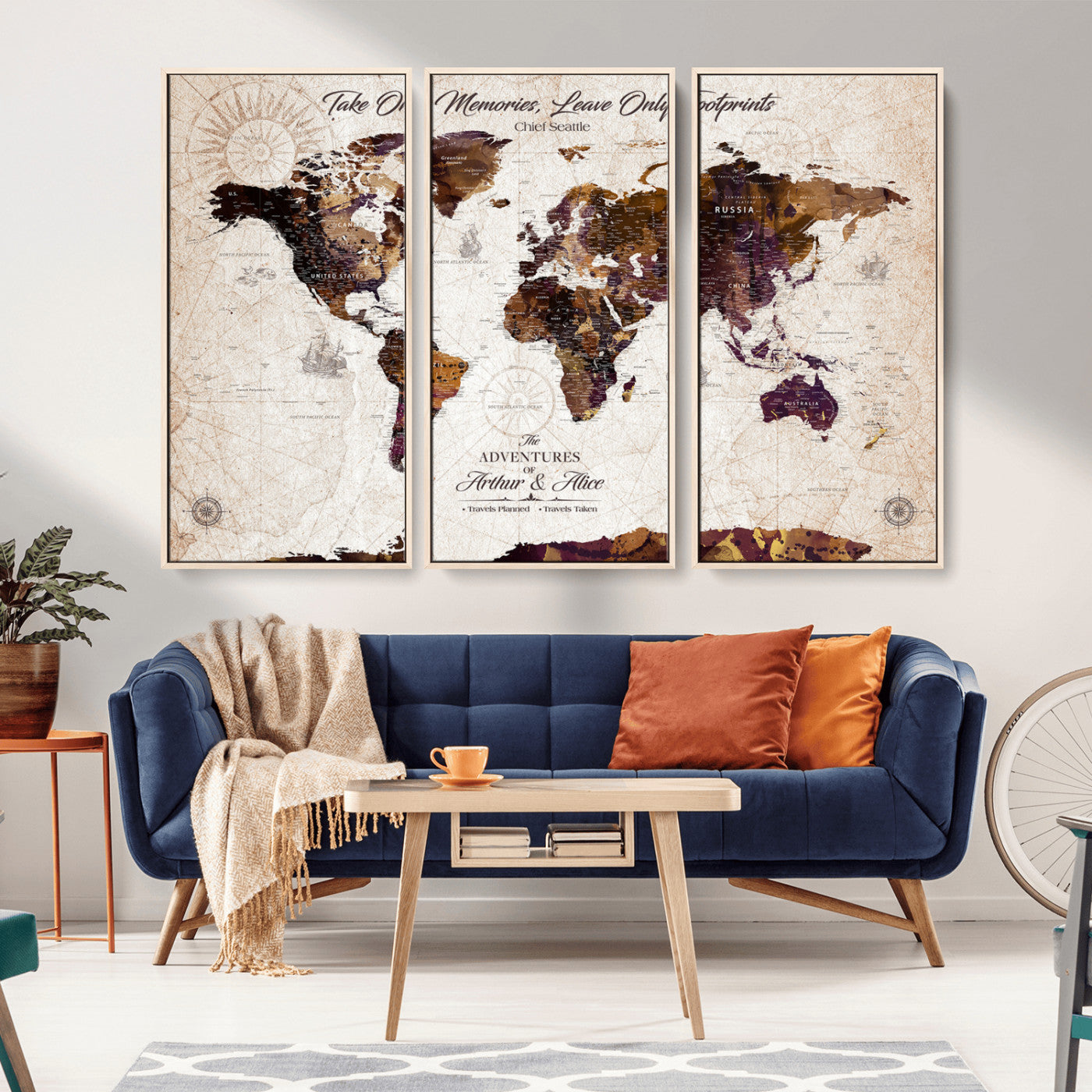 64869039-MGV-CV-36X24-Rustic World Map Wall Art – Vintage Adventure Travel Canvas Print, Earth Tone Decor with Inspirational Quote for Office, Living