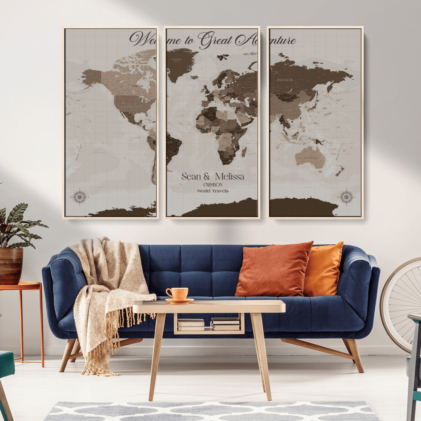 49871705-MGV-CV-36X24-Welcome to Great Adventure World Map Wall Art – Vintage Sepia Travel Canvas Print, Rustic Explorer Decor for Living Room, Bedroom