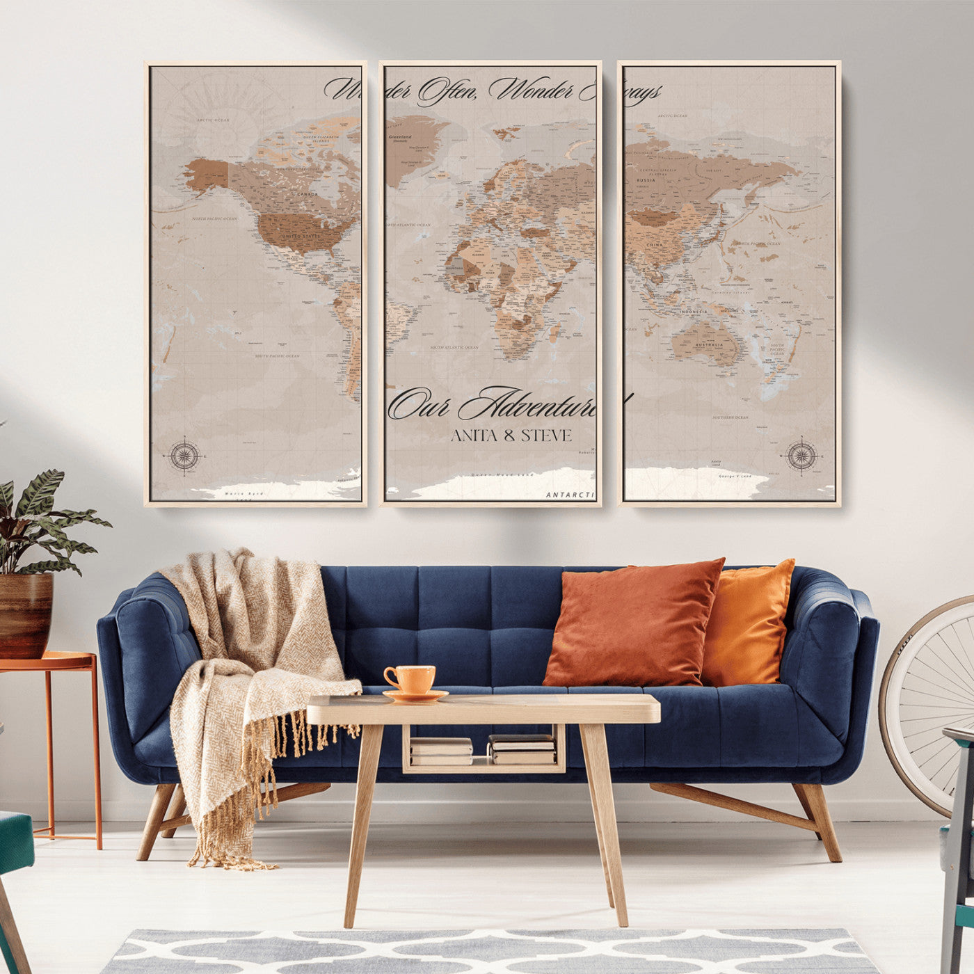 95243244-MGV-CV-36X24-Wander Often Wonder Always World Map Wall Art – Neutral Beige Adventure Canvas Print, Rustic Boho Travel Decor for Bedroom, Living