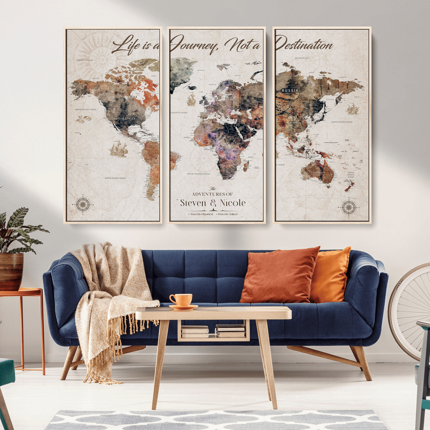 47737072-MGV-CV-36X24-Life is a Journey Not a Destination World Map Wall Art – Vintage Travel Adventure Canvas Print, Rustic Inspirational Decor for