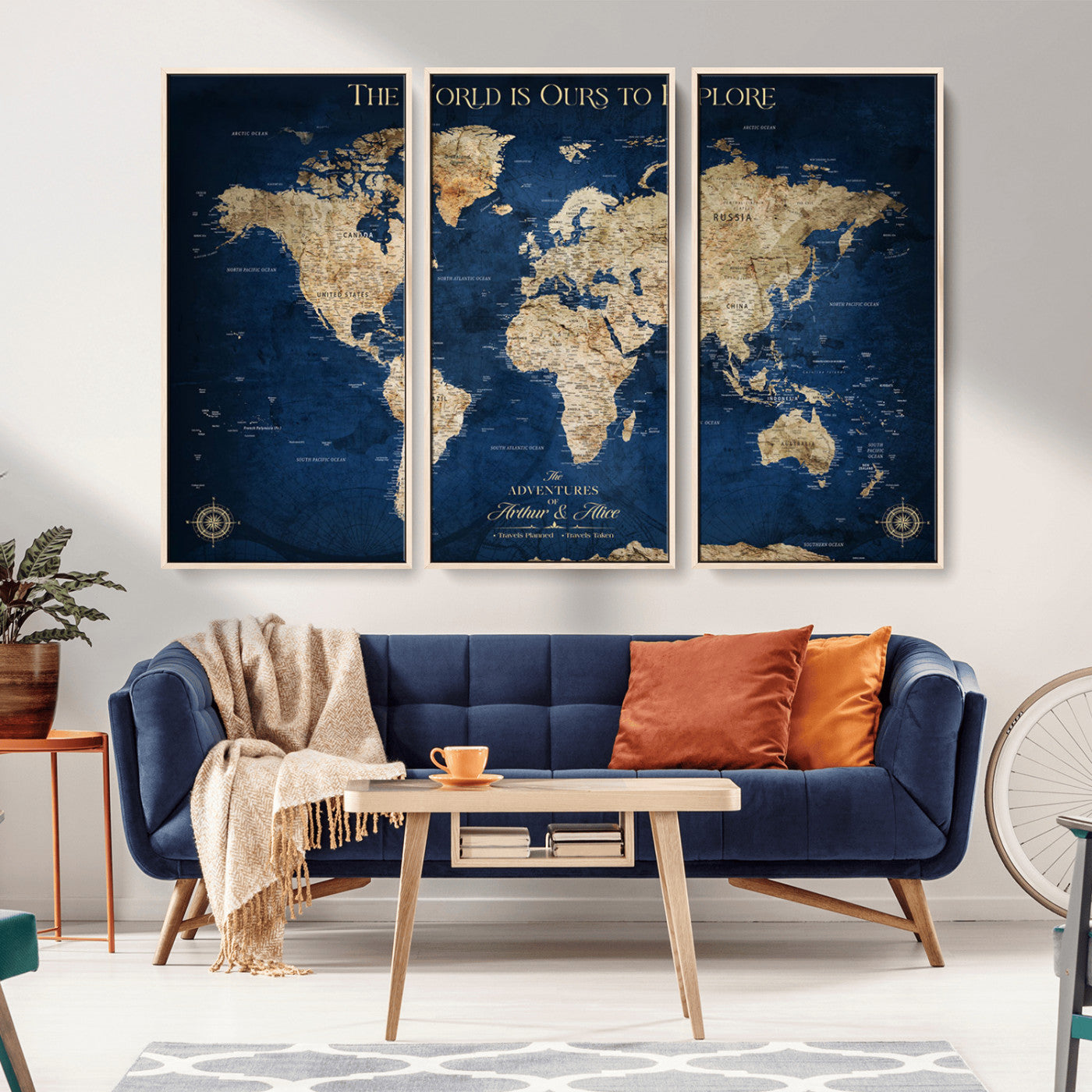 54782997-MGV-CV-36X24-The World is Ours to Explore Wall Art – Blue World Map Canvas Print, Adventure Travel Decor for Home, Office or Living Room,