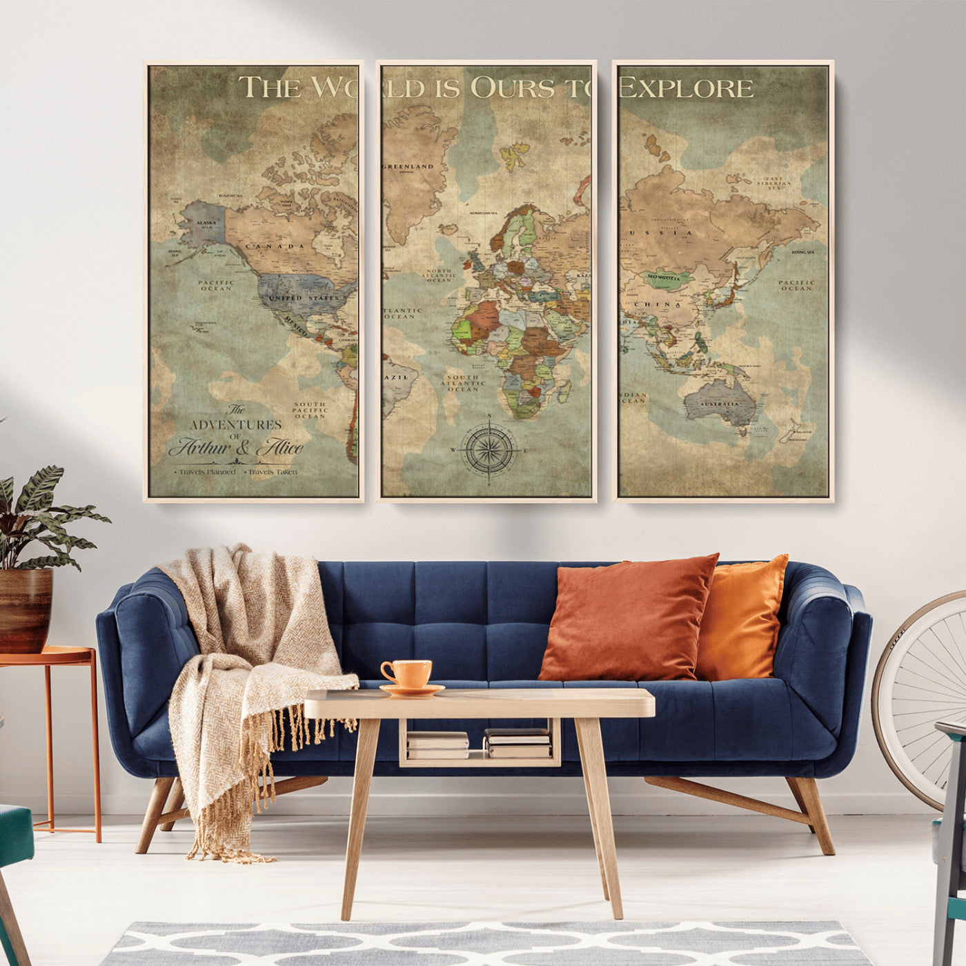 60021267-MGV-CV-36X24-Vintage World Map Wall Art – Antique Explorer Canvas Print, Rustic Travel Decor for Living Room, Office, Study or Wanderlust