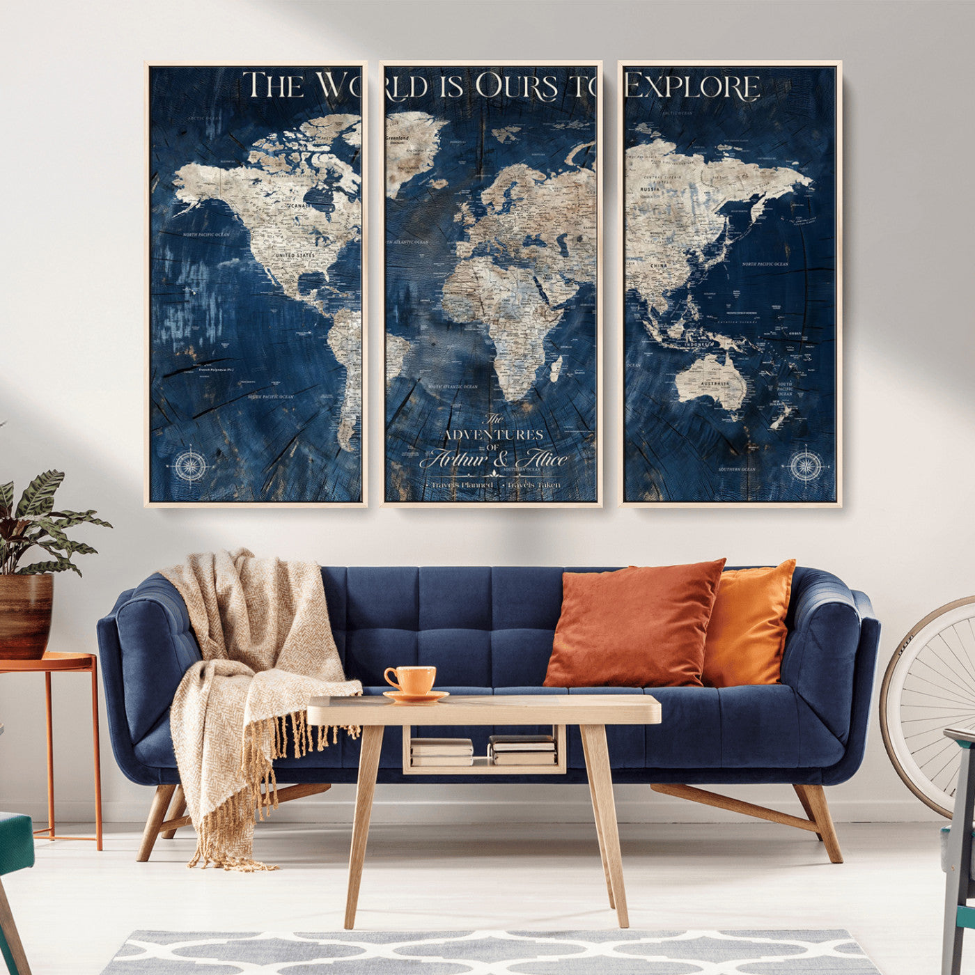 31074501-MGV-CV-36X24-Rustic Blue World Map Wall Art – Explorer Style Canvas Print, Vintage Travel Decor for Living Room, Study, Office or Wanderlust