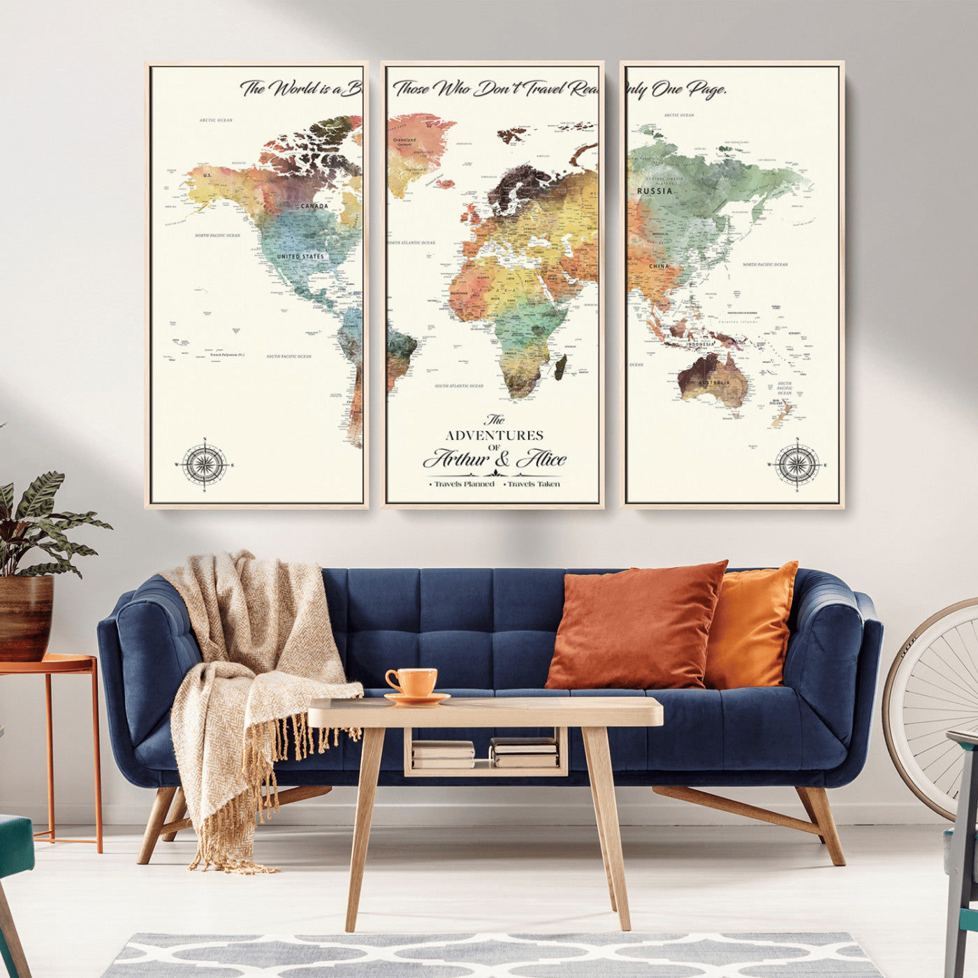 49125672-MGV-CV-36X24-Watercolor World Map Wall Art – Travel Quote Canvas Print, Inspirational Adventure Map Decor for Living Room, Bedroom, Office or