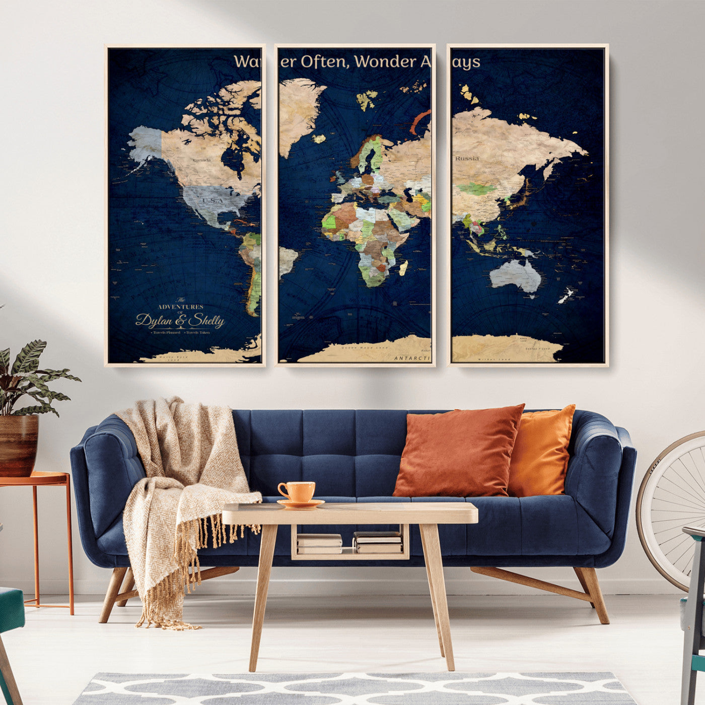 12399561-MGV-CV-36X24-World Map Wall Art – Wander Often Wonder Always Canvas Print, Vintage Travel Inspired Push Pin Map Decor for Living Room, Office,