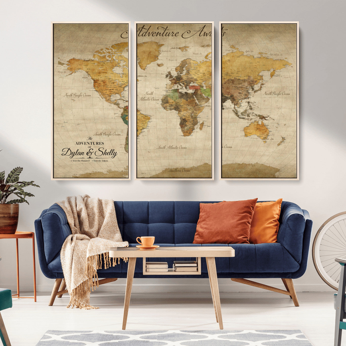 50298017-MGV-CV-36X24-World Map Wall Art – Adventure Awaits Vintage Travel Canvas Print, Rustic Push Pin Map Décor for Living Room, Office, Bedroom