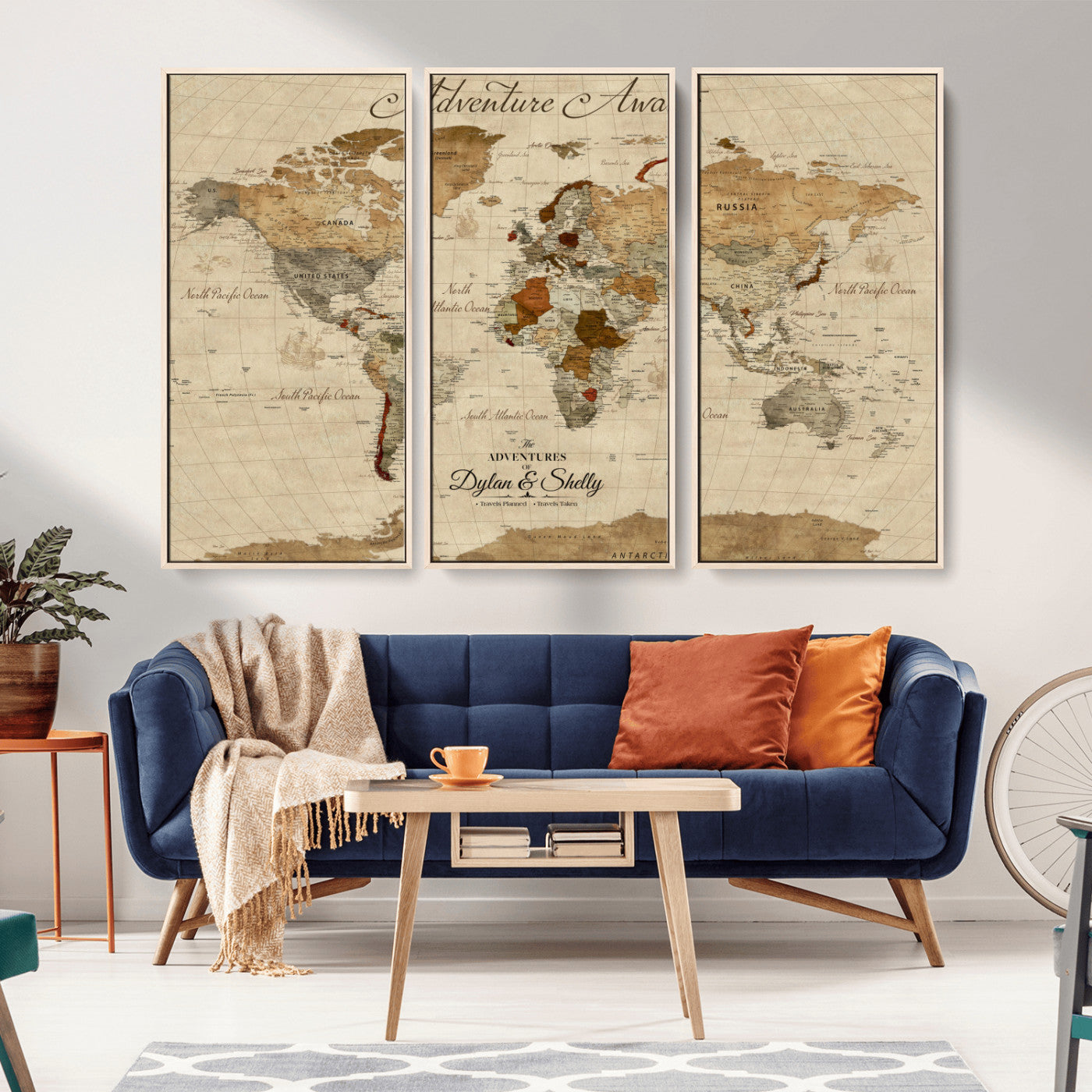 29054239-MGV-CV-36X24-Vintage World Map Wall Art – Antique Adventure Awaits Push Pin Canvas Print, Rustic Travel Map Décor for Living Room, Office,