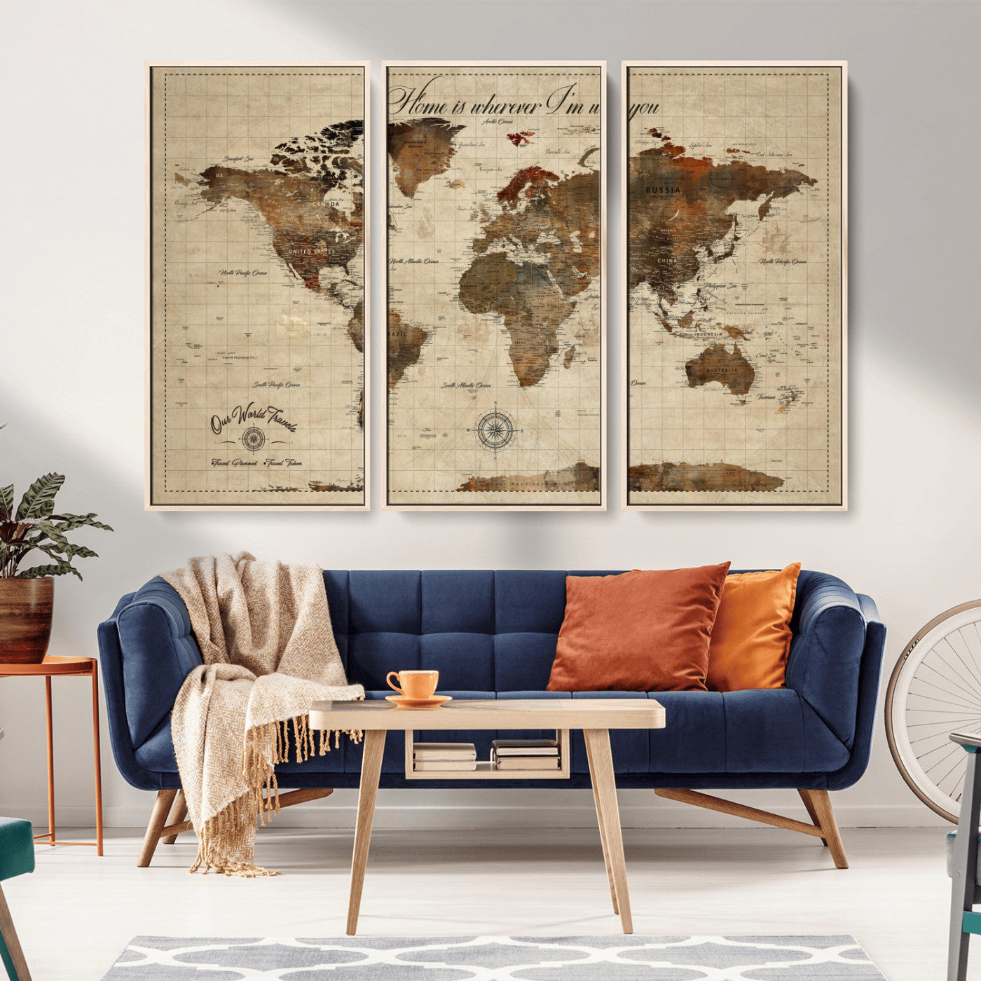 96762438-MGV-CV-36X24-Rustic World Map Wall Art – Home Is Wherever I’m With You Vintage Push Pin Canvas, Antique Travel Map Decor for Living Room,