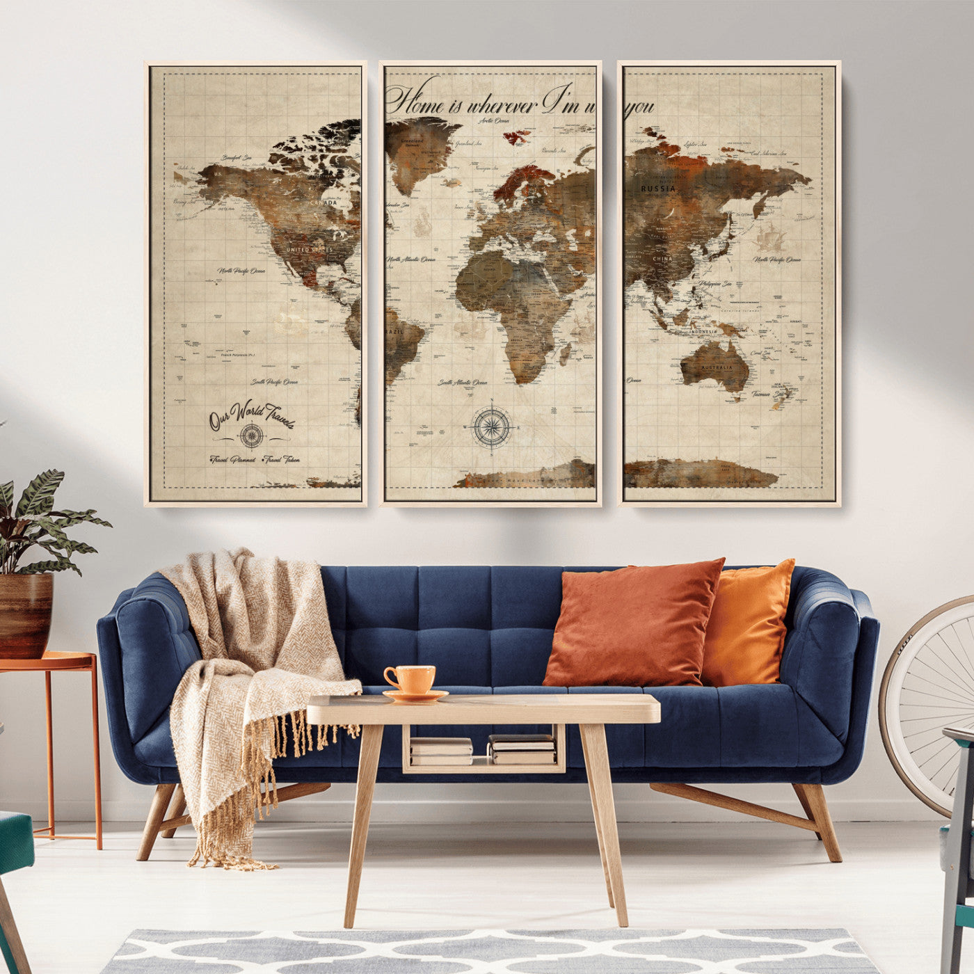 44534772-MGV-CV-36X24-Adventure Awaits World Map Wall Art – Vintage Travel Push Pin Canvas Print, Rustic Wanderlust Decor for Living Room, Bedroom,