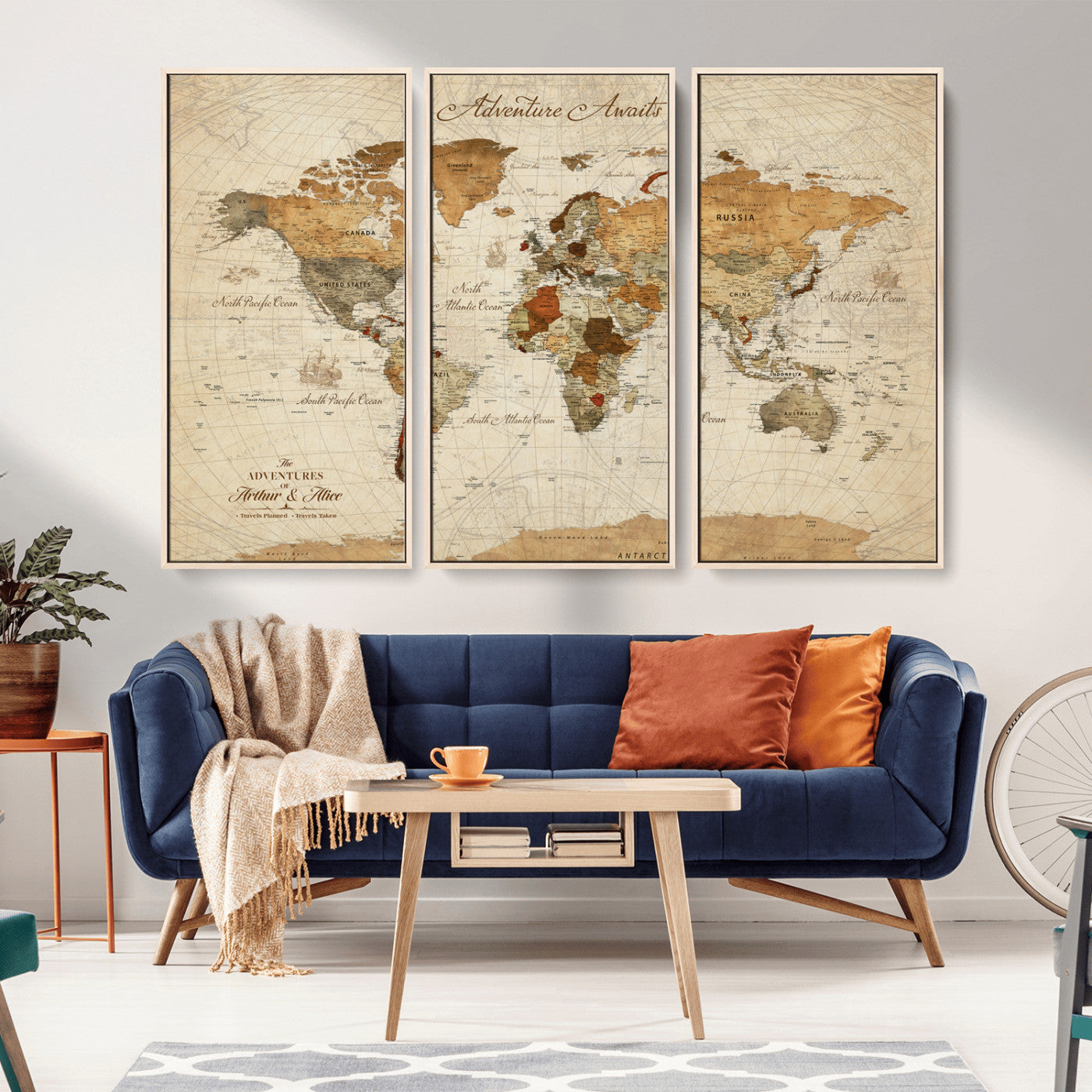 15754902-MGV-CV-36X24-Adventure Awaits World Map Wall Art – Vintage Sepia Canvas Print, Rustic Travel Themed Map Decoration for Living Room, Office,
