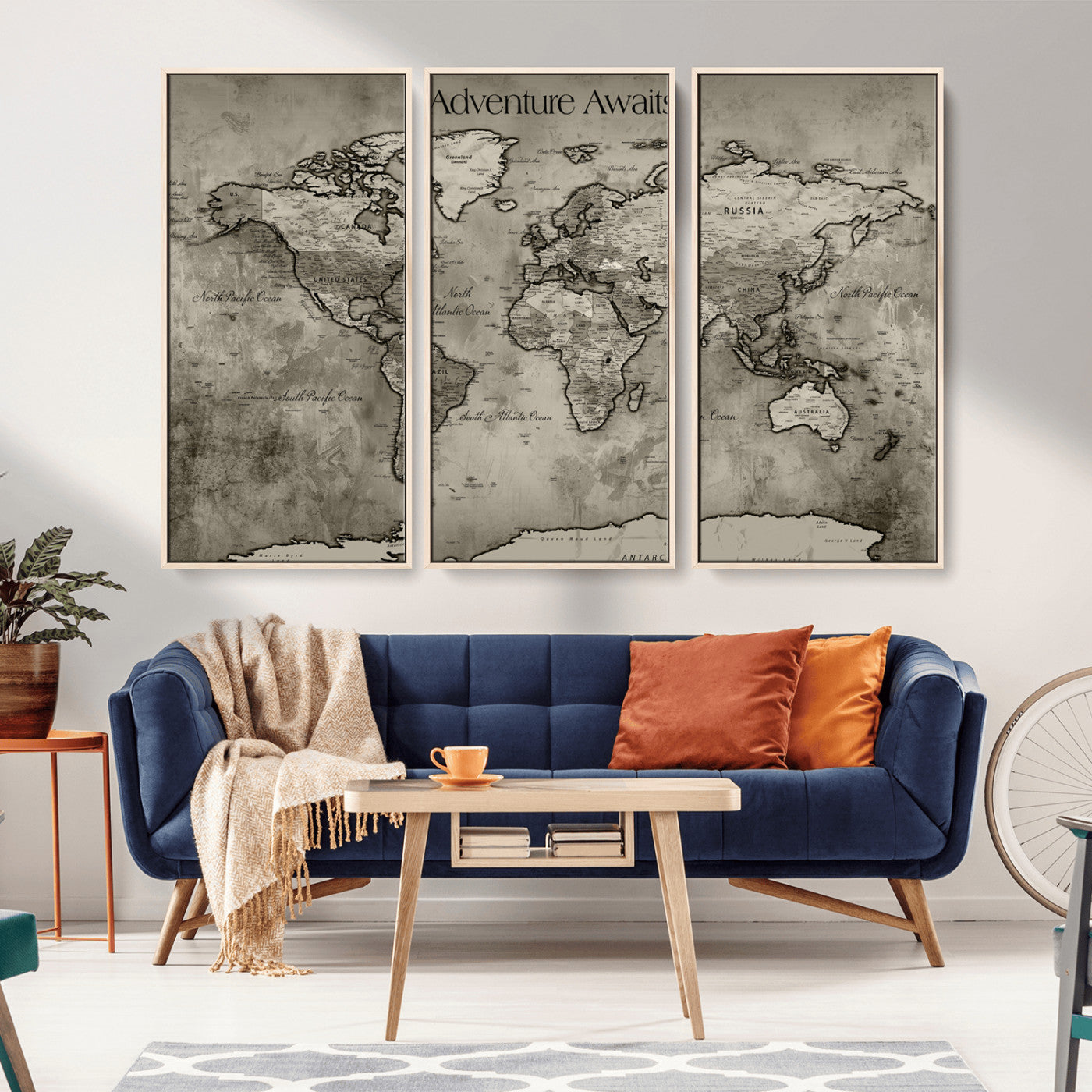 24544384-MGV-CV-36X24-Adventure Awaits World Map Wall Art – Black and White Vintage Canvas Print, Rustic Travel Decor, Antique Atlas Artwork for Living