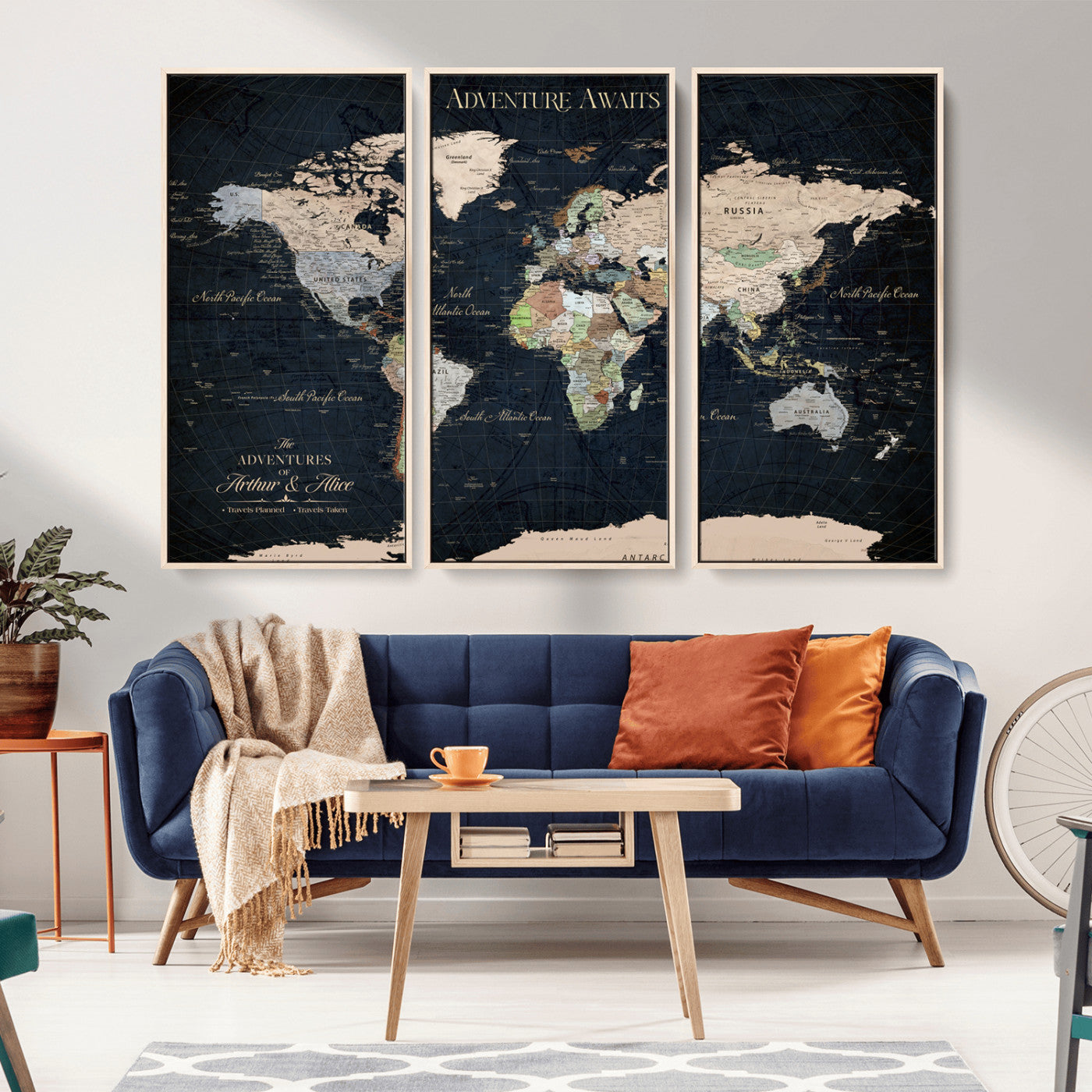 75640245-MGV-CV-36X24-Adventure Awaits Black Navy World Map – Elegant Travel Canvas Wall Art, Vintage Atlas Print, Wanderlust Decor for Living Room
