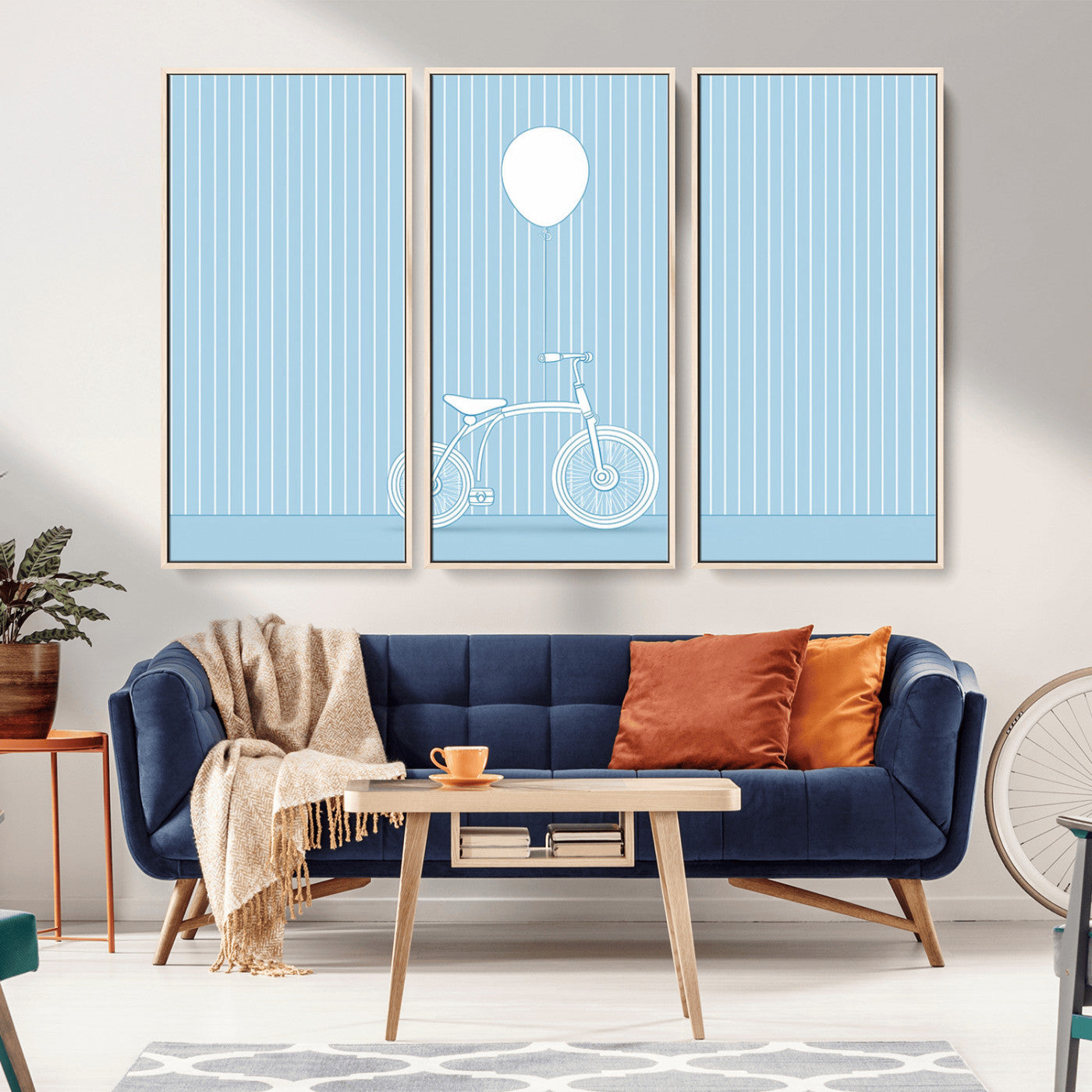 56479838-MGV-CV-36X24-Bicycle Wall Art – Minimalist Blue Canvas Print with Balloon Illustration, Modern Decor Artwork for Kids Room, Nursery, or Living