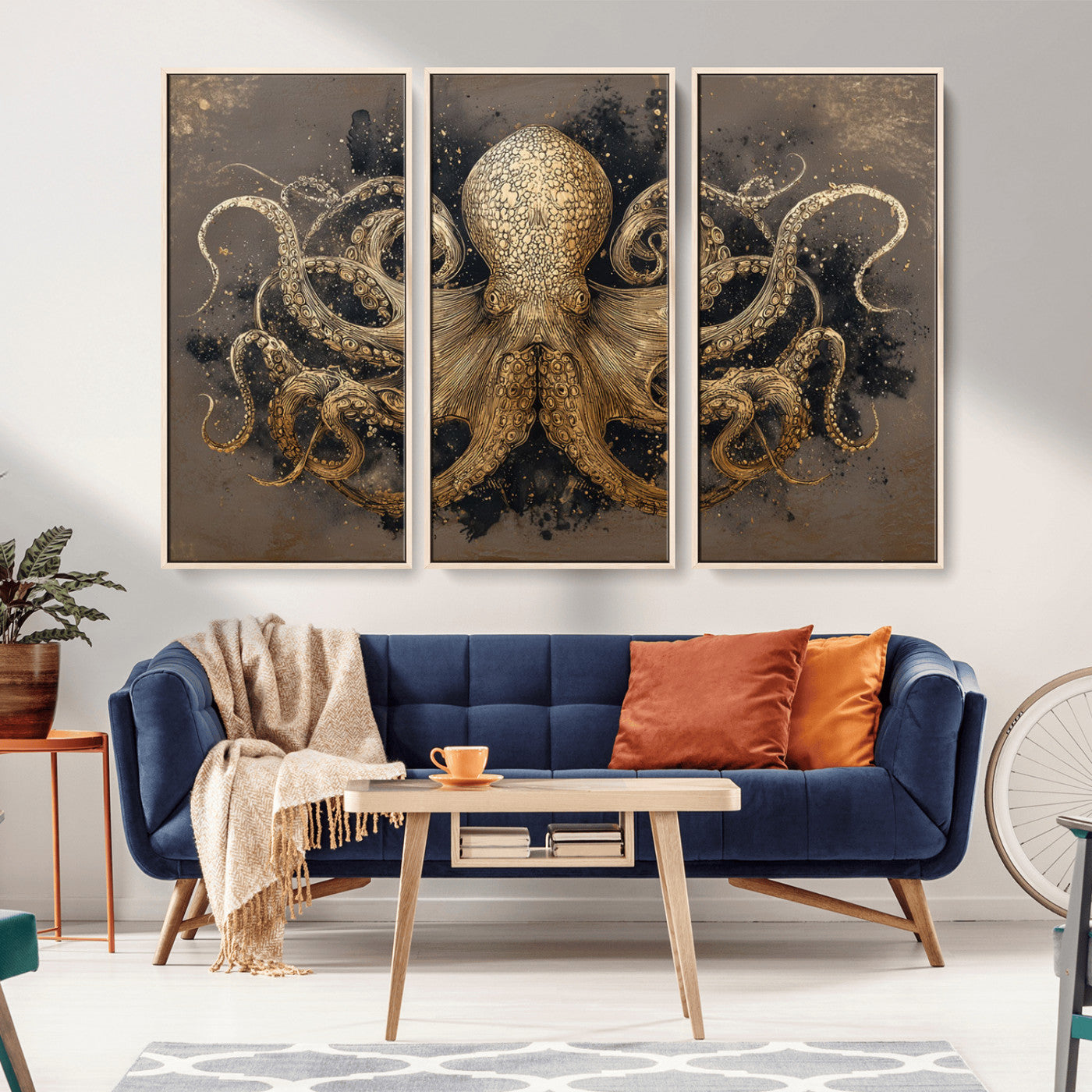 21717515-MGV-CV-36X24-Octopus Wall Art – Vintage Gold Nautical Canvas Print, Detailed Marine Creature Artwork with Dark Background, Coastal Ocean Decor