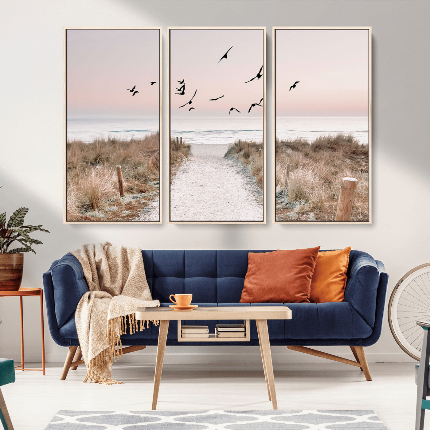 34632598-MGV-CV-36X24-Beach Pathway Wall Art – Coastal Canvas Print with Sandy Trail, Flying Birds and Pastel Sky, Serene Ocean Landscape Photography