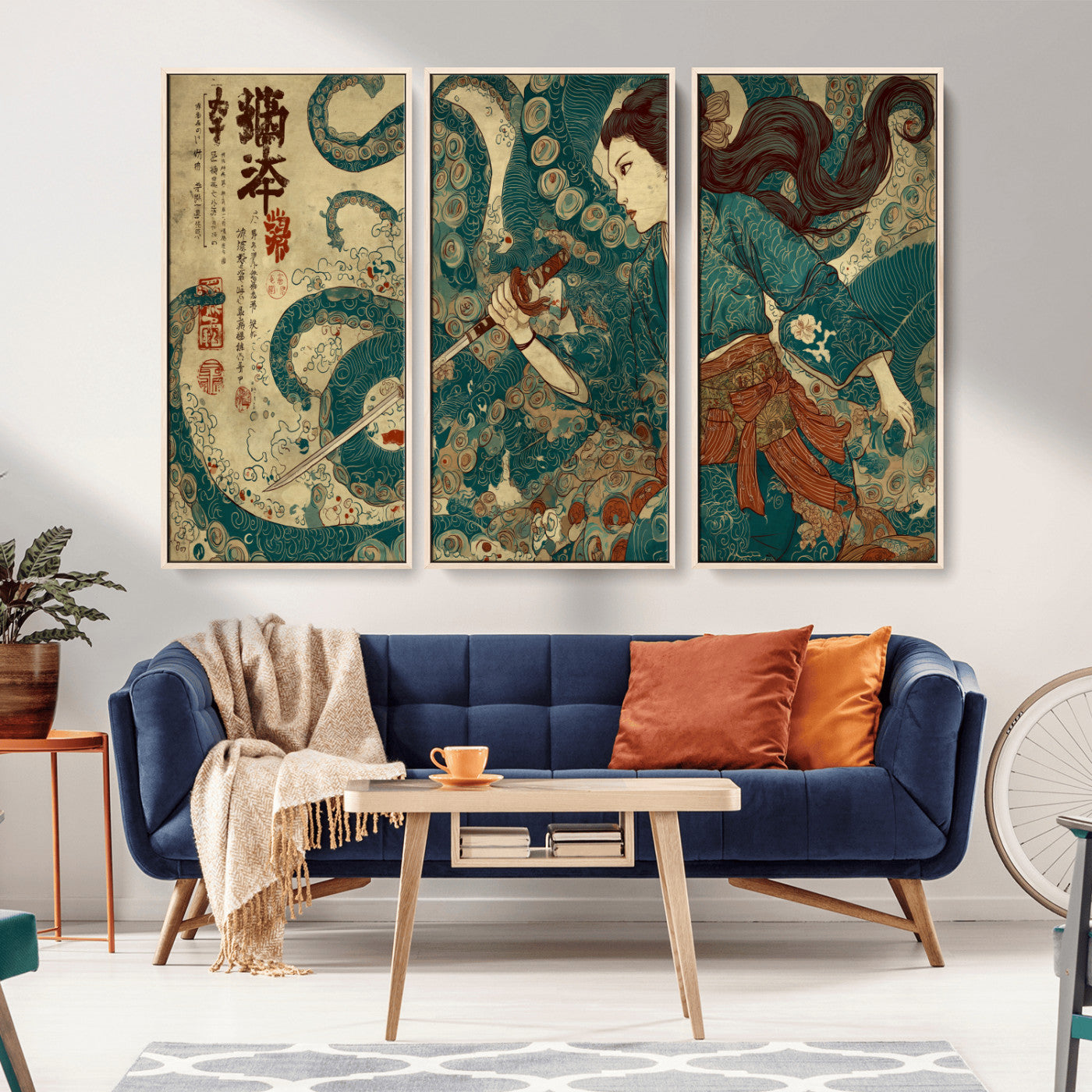 46837670-MGV-FC-48X32-3P_Natural-Tsukioka Yoshitoshi Samurai Wall Art Print, Japanese Katana Warrior Canvas Wall Art, Octopus Sea Monster Canvas Print,