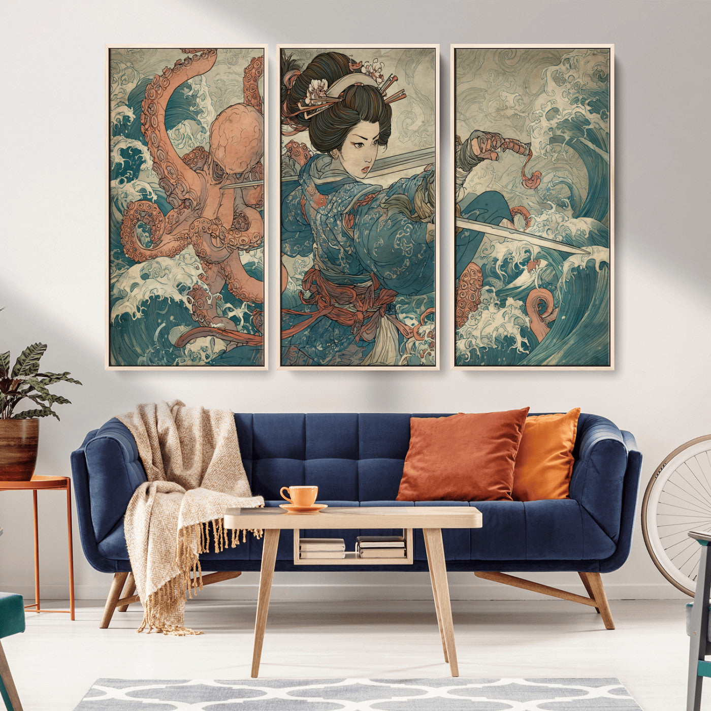 52037775-MGV-CV-36X24-Samurai Woman Wall Art – Japanese Ukiyo e Style Canvas Print with Katana, Ocean Waves and Octopus, Traditional Asian Inspired