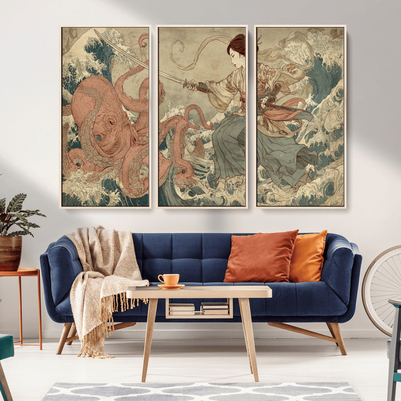 54879547-MGV-CV-36X24-Samurai Woman Wall Art – Japanese Ukiyo-e Style Canvas Print with Katana and Octopus, Traditional Asian Inspired Battle Artwork