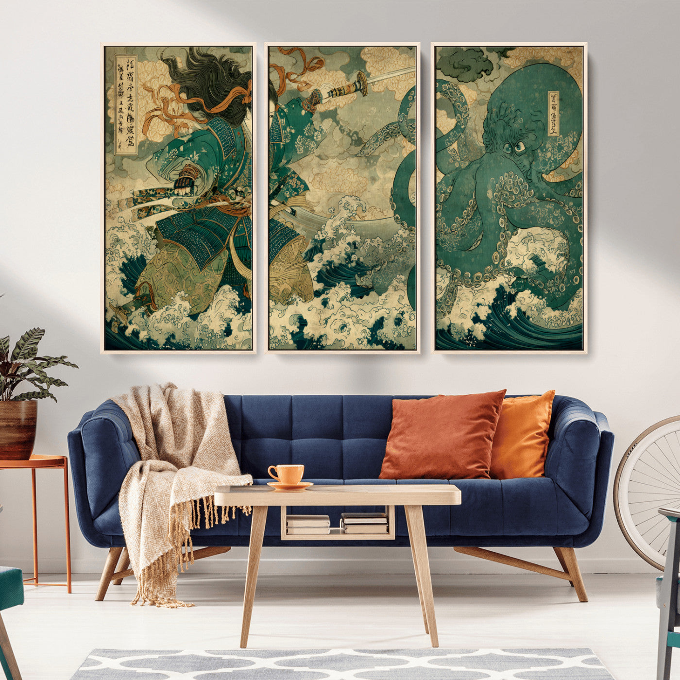 24416422-MGV-FC-48X32-3P_Natural-Tsukioka Yoshitoshi Samurai Wall Art Print, Japanese Katana Warrior Canvas Wall Art, Octopus Sea Monster Canvas Print,