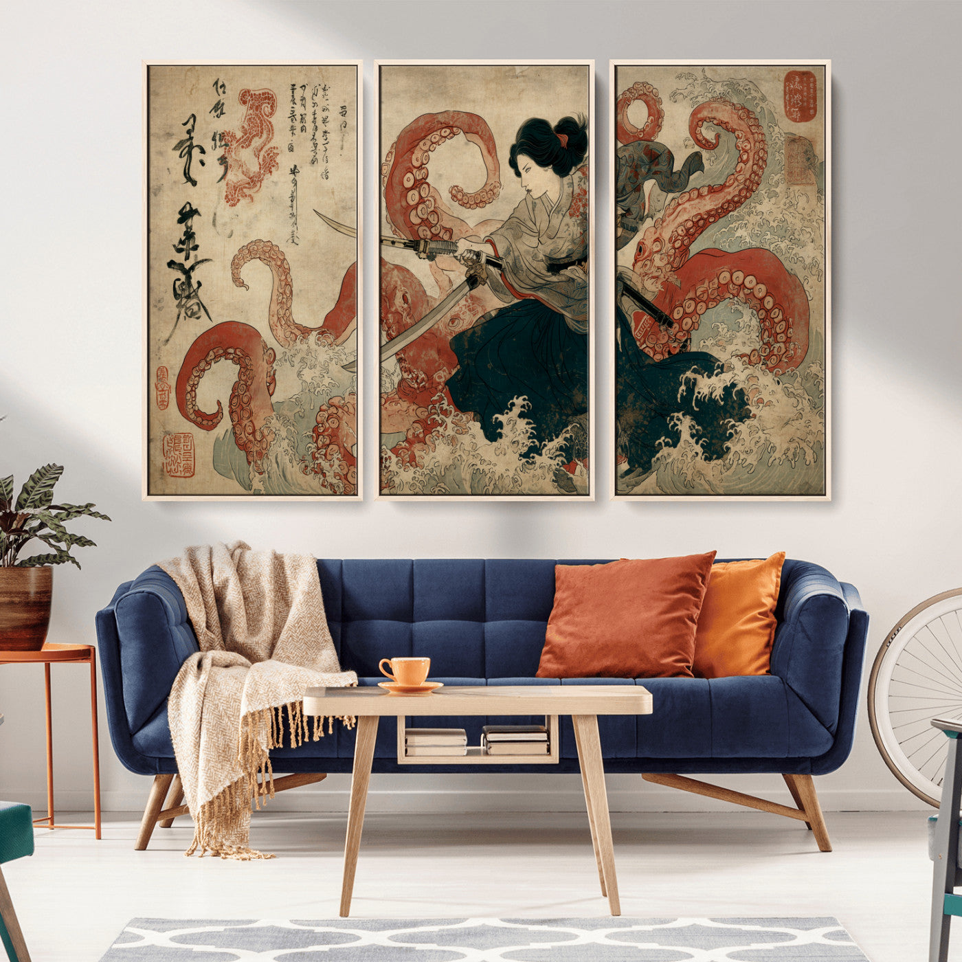 50812504-MGV-CV-36X24-Samurai Woman vs Octopus Wall Art – Japanese Ukiyo-e Red Tentacle Canvas Print, Ocean Battle Artwork for Living Room, Office, Man