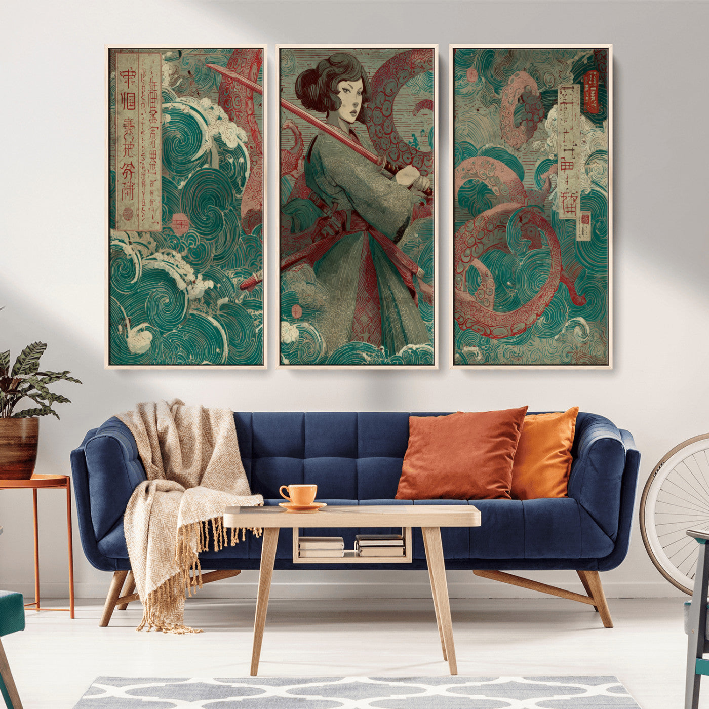 91666601-MGV-CV-36X24-Samurai Woman vs Octopus Wall Art – Japanese Ukiyo-e Green Robe Canvas Print, Ocean Battle Artwork for Living Room, Office, Man
