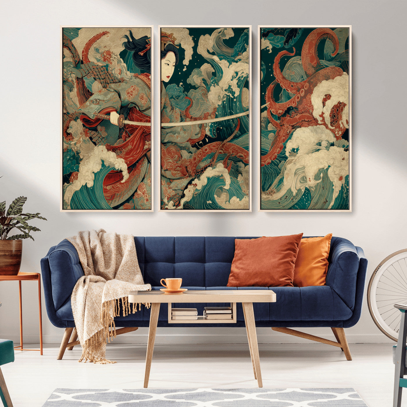 30212982-MGV-CV-36X24-Samurai Woman vs Octopus Wall Art – Japanese Ukiyo-e Style Warrior and Sea Monster Canvas Print, Mythology Inspired Artwork for