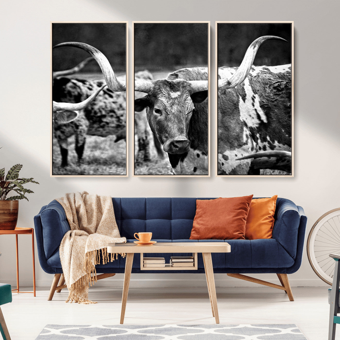 15425553-MGV-CV-36X24-Western Wall Art – Longhorn Cattle Black and White Canvas Print, Rustic Ranch Photography Decor for Bedroom, Living Room, Office,