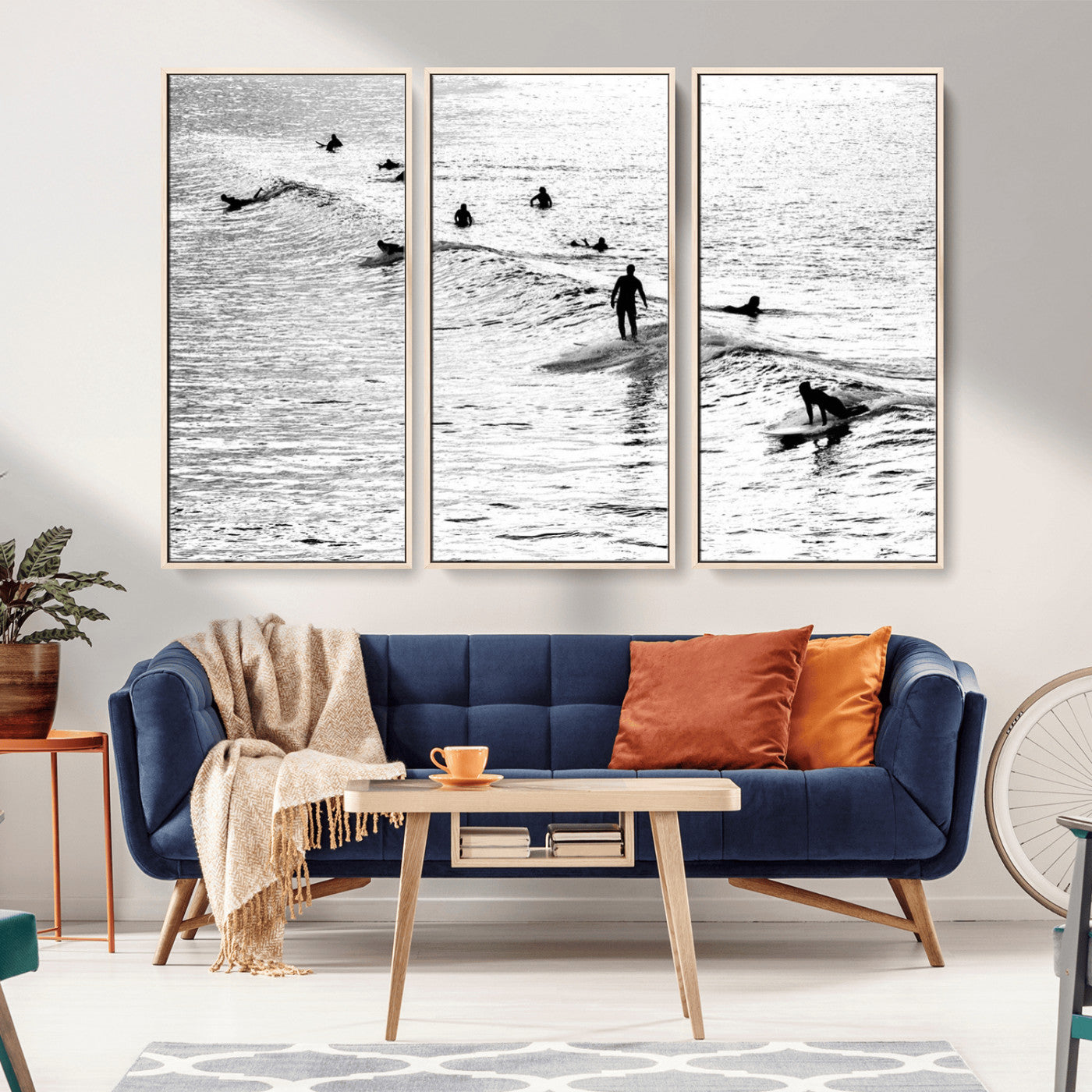 68018616-MGV-CV-36X24-Black and White Surf Photography Print – Minimalist Ocean Wall Art, Surfers Riding Waves, Coastal Beach Decor for Modern Home or