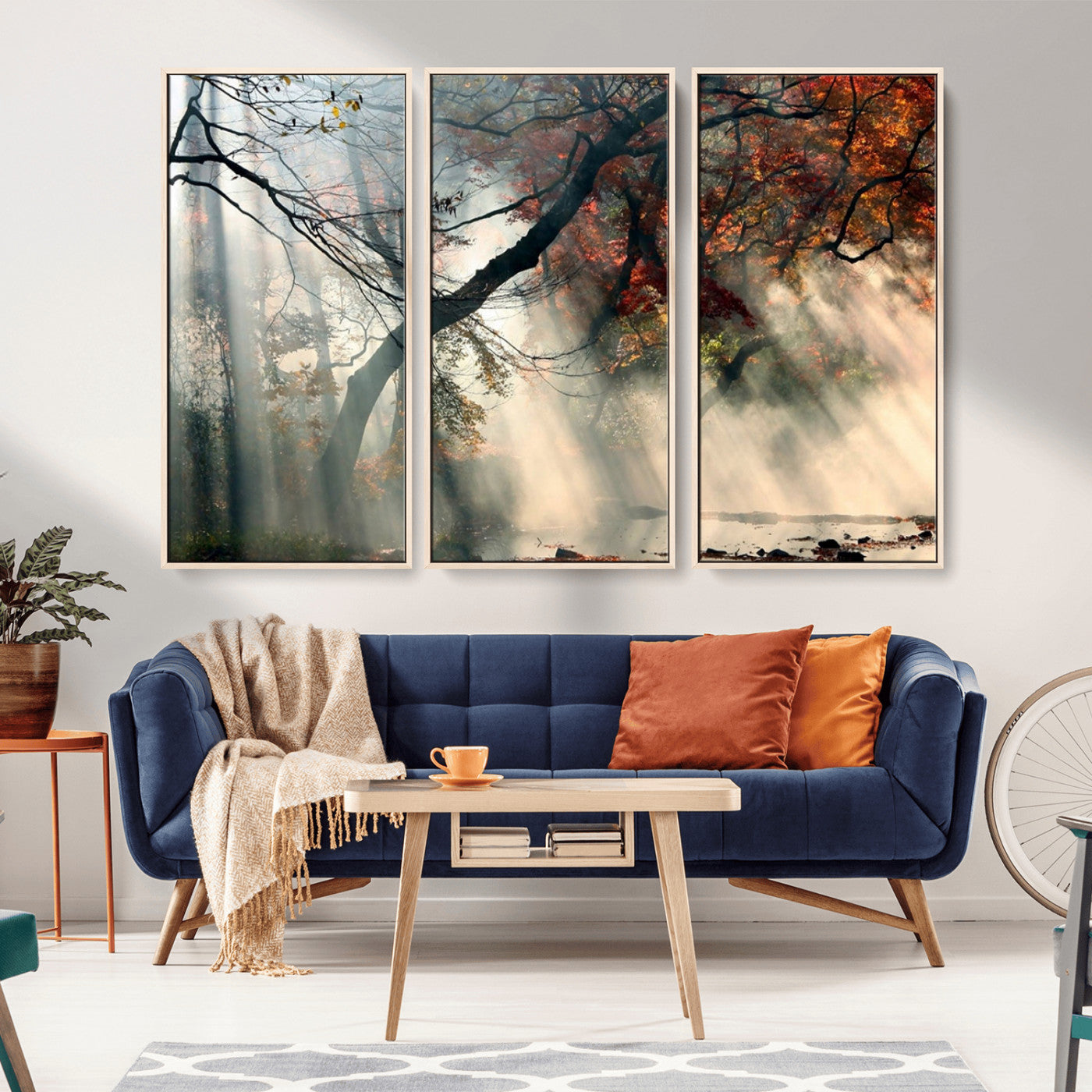 36043878-MGV-CV-36X24-Autumn Forest Wall Art – Sunlight Through Trees Canvas Print, Misty Woodland Fall Colors Photography Decor for Bedroom, Living